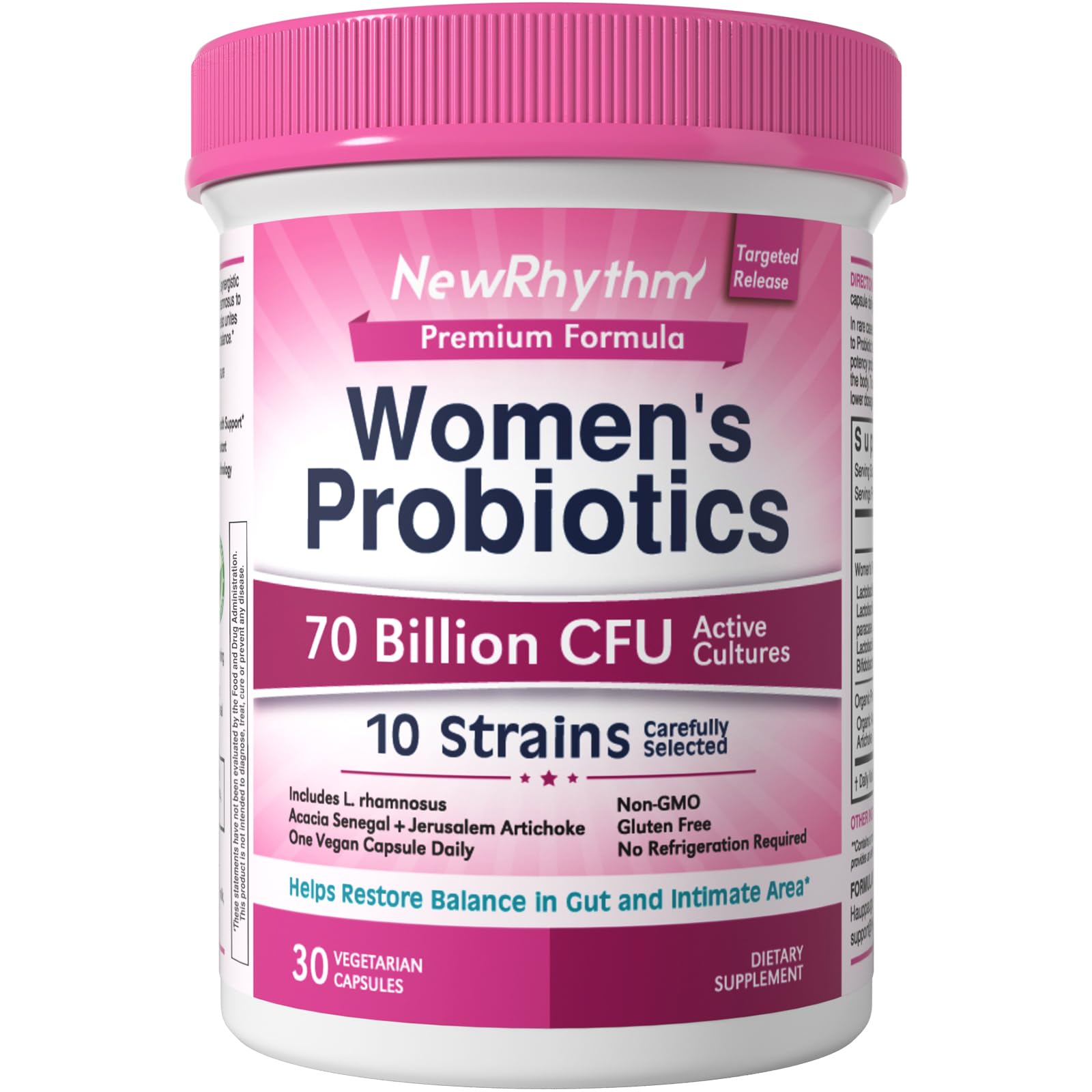 NewRhythm Women's Probiotics, Organic Prebiotics, 70 Billion CFU 10 Strains, Vaginal Probiotics for Urinary & Digestive Health, 30 Vegan Capsules, No Bloating - OzHealthStandard
