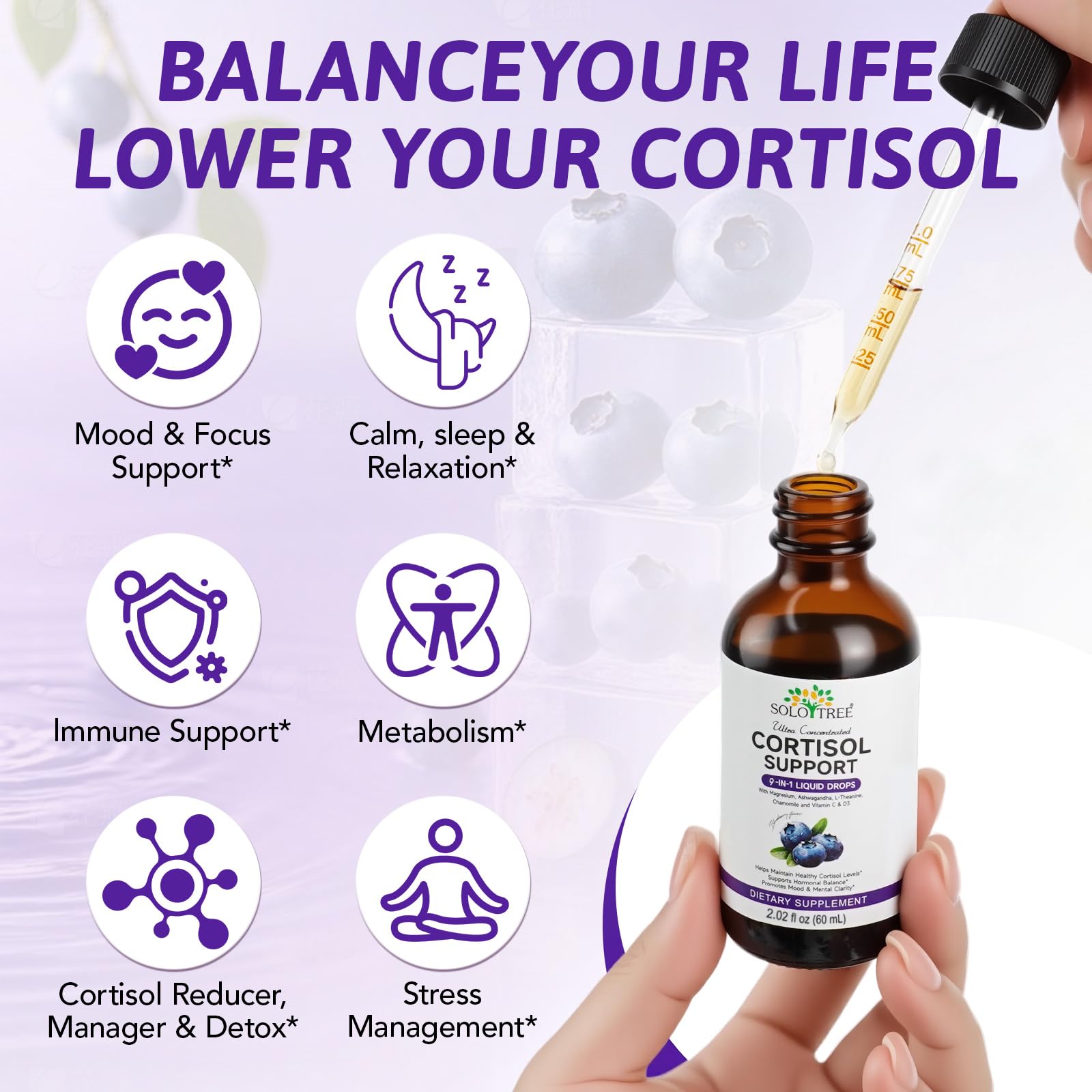 NIFEISHI Cortisol Reducer & Manager Liquid Drops for Women & Men | Cortisol Supplements with Ashwagandha & Magnesium | 9-in-1 Stress & Mood Support, Blueberry Flavor-2.02 floz - OzHealthStandard