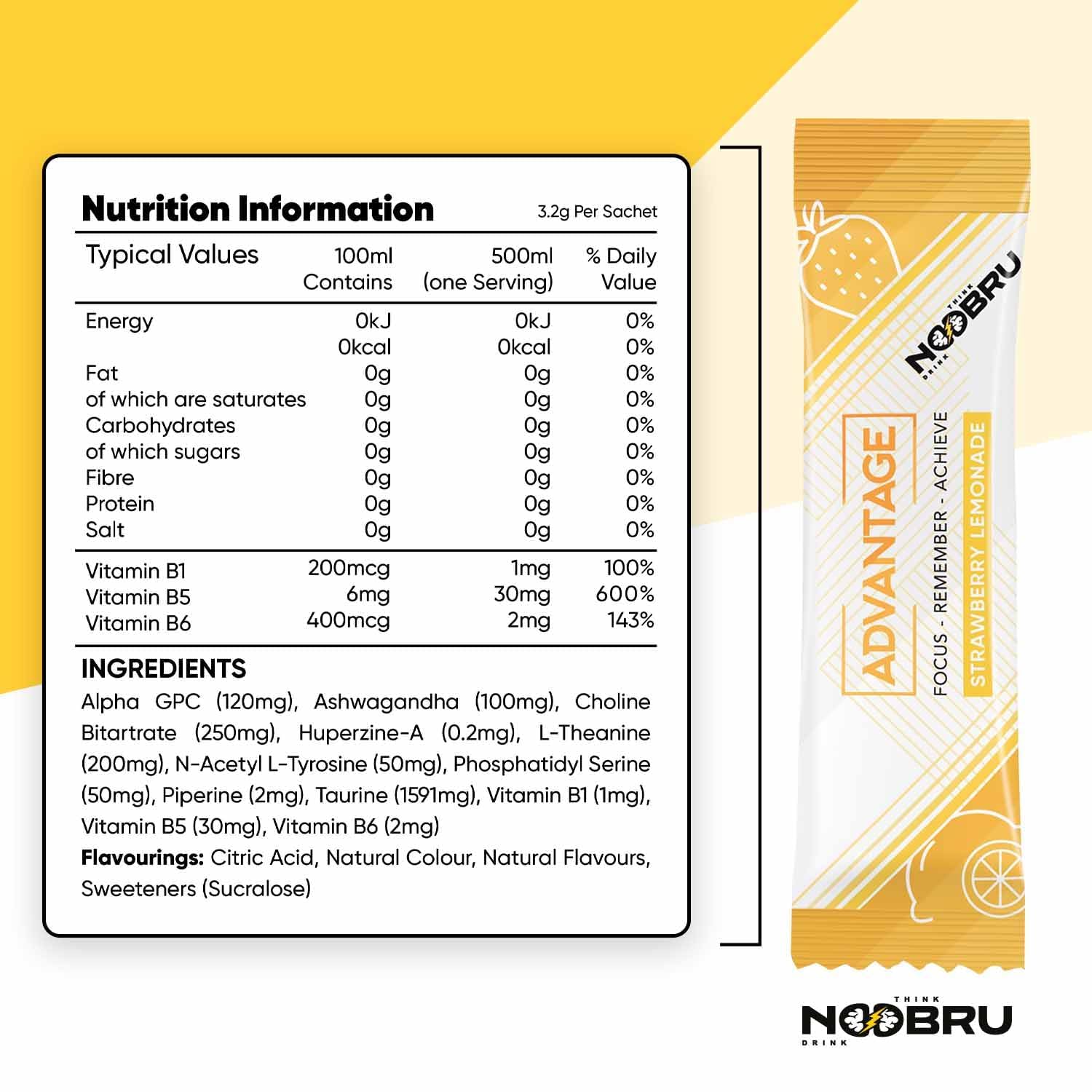 Noobru Аdvantage Nootropic - Delicious Nootropics Brain Supplement with 11 Active Ingredients - Natural Cognitive Enhancer - 20 Strawberry Lemonade Sachets - 1 Month Supply, 20 Count (Pack of 1) - OzHealthStandard