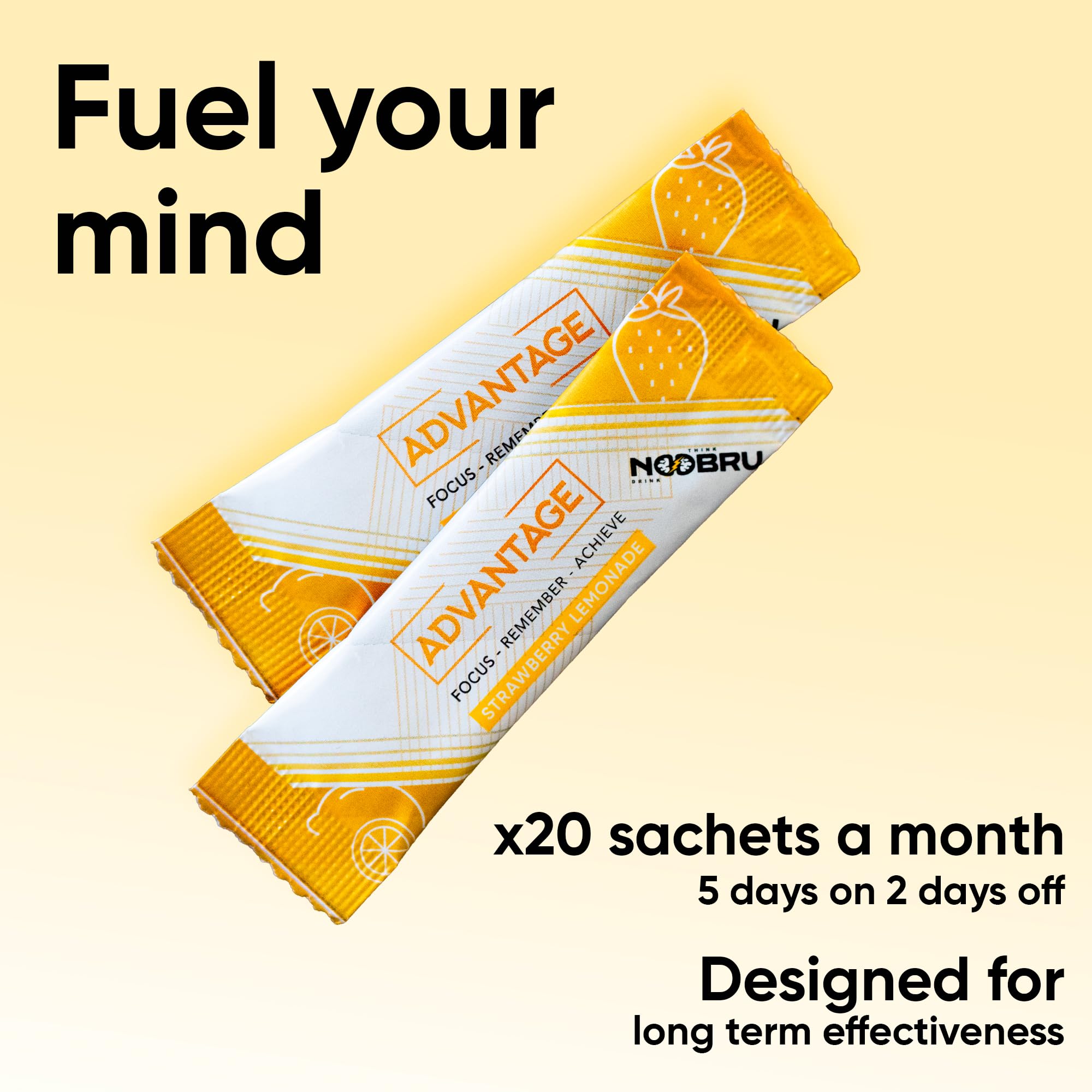 Noobru Аdvantage Nootropic - Delicious Nootropics Brain Supplement with 11 Active Ingredients - Natural Cognitive Enhancer - 20 Strawberry Lemonade Sachets - 1 Month Supply, 20 Count (Pack of 1) - OzHealthStandard