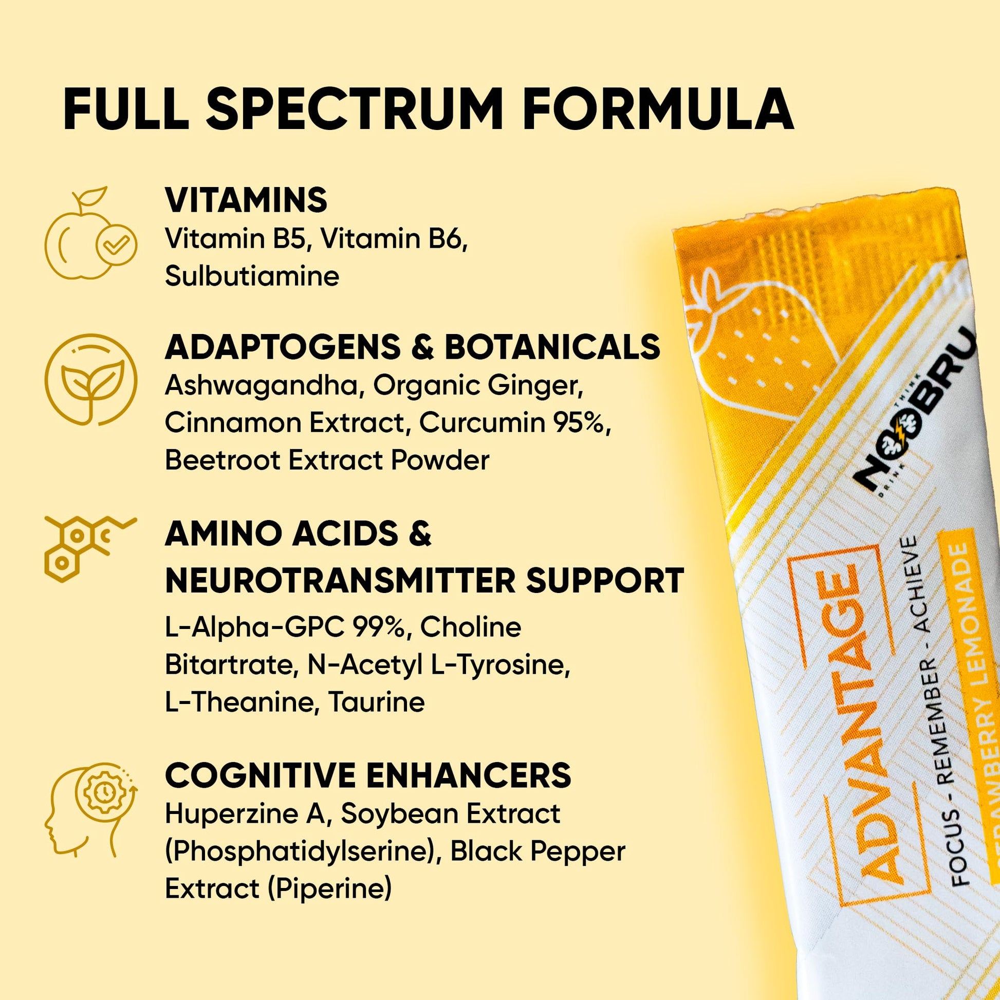 Noobru Аdvantage Nootropic - Delicious Nootropics Brain Supplement with 11 Active Ingredients - Natural Cognitive Enhancer - 20 Strawberry Lemonade Sachets - 1 Month Supply, 20 Count (Pack of 1) - OzHealthStandard