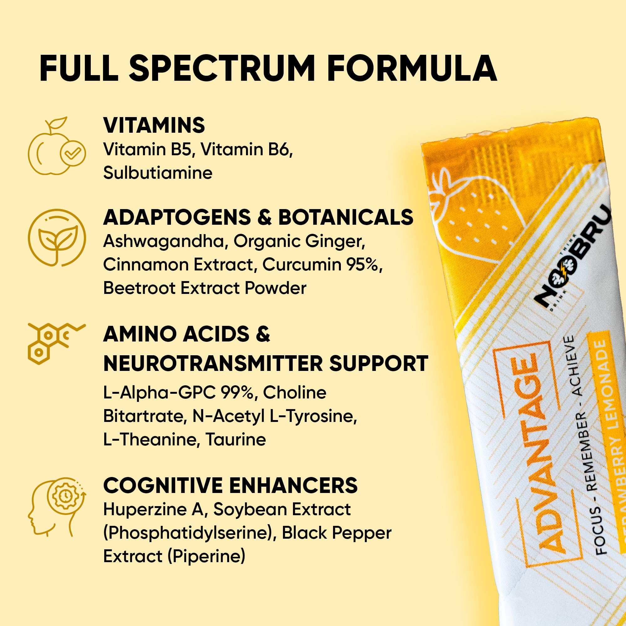 Noobru Аdvantage Nootropic - Delicious Nootropics Brain Supplement with 11 Active Ingredients - Natural Cognitive Enhancer - 20 Strawberry Lemonade Sachets - 1 Month Supply, 20 Count (Pack of 1) - OzHealthStandard