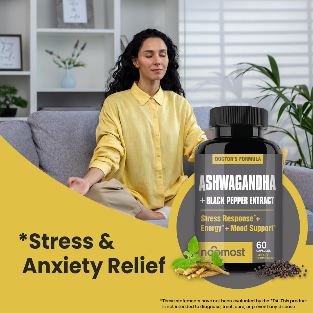 NooMost Organic Ashwagandha 400mg Capsules w/Black Pepper Extract as Vegan Ashwagandha Supplements for Anti Stress Relief, Natural Mood Support, Energy & Focus-60 Capsules - OzHealthStandard