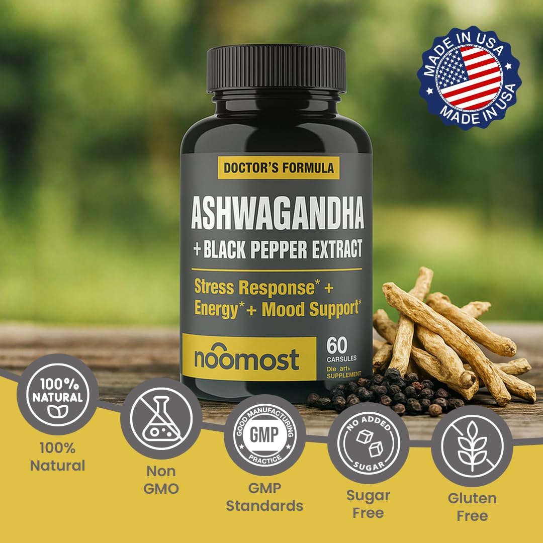 NooMost Organic Ashwagandha 400mg Capsules w/Black Pepper Extract as Vegan Ashwagandha Supplements for Anti Stress Relief, Natural Mood Support, Energy & Focus-60 Capsules - OzHealthStandard