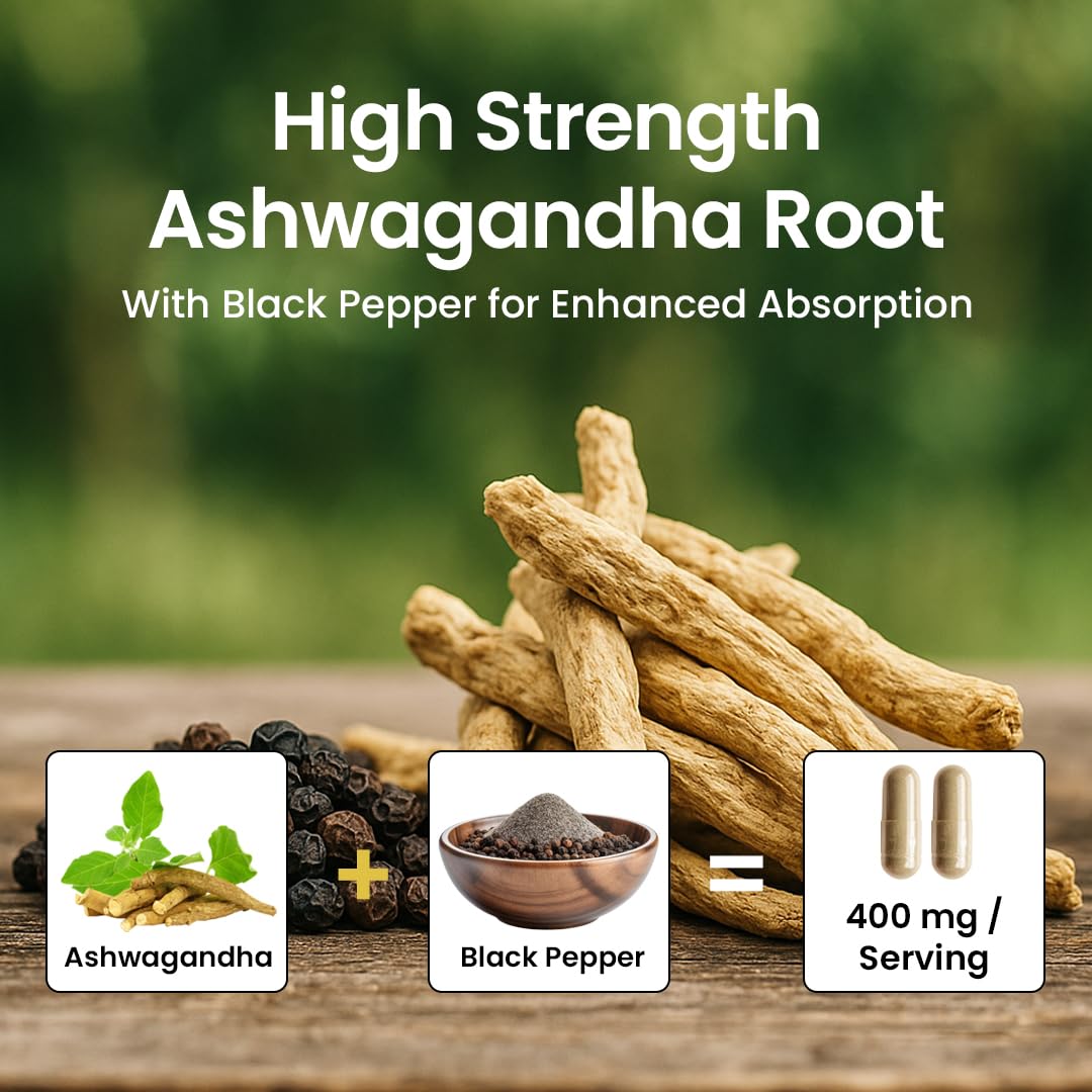 NooMost Organic Ashwagandha 400mg Capsules w/Black Pepper Extract as Vegan Ashwagandha Supplements for Anti Stress Relief, Natural Mood Support, Energy & Focus-60 Capsules - OzHealthStandard