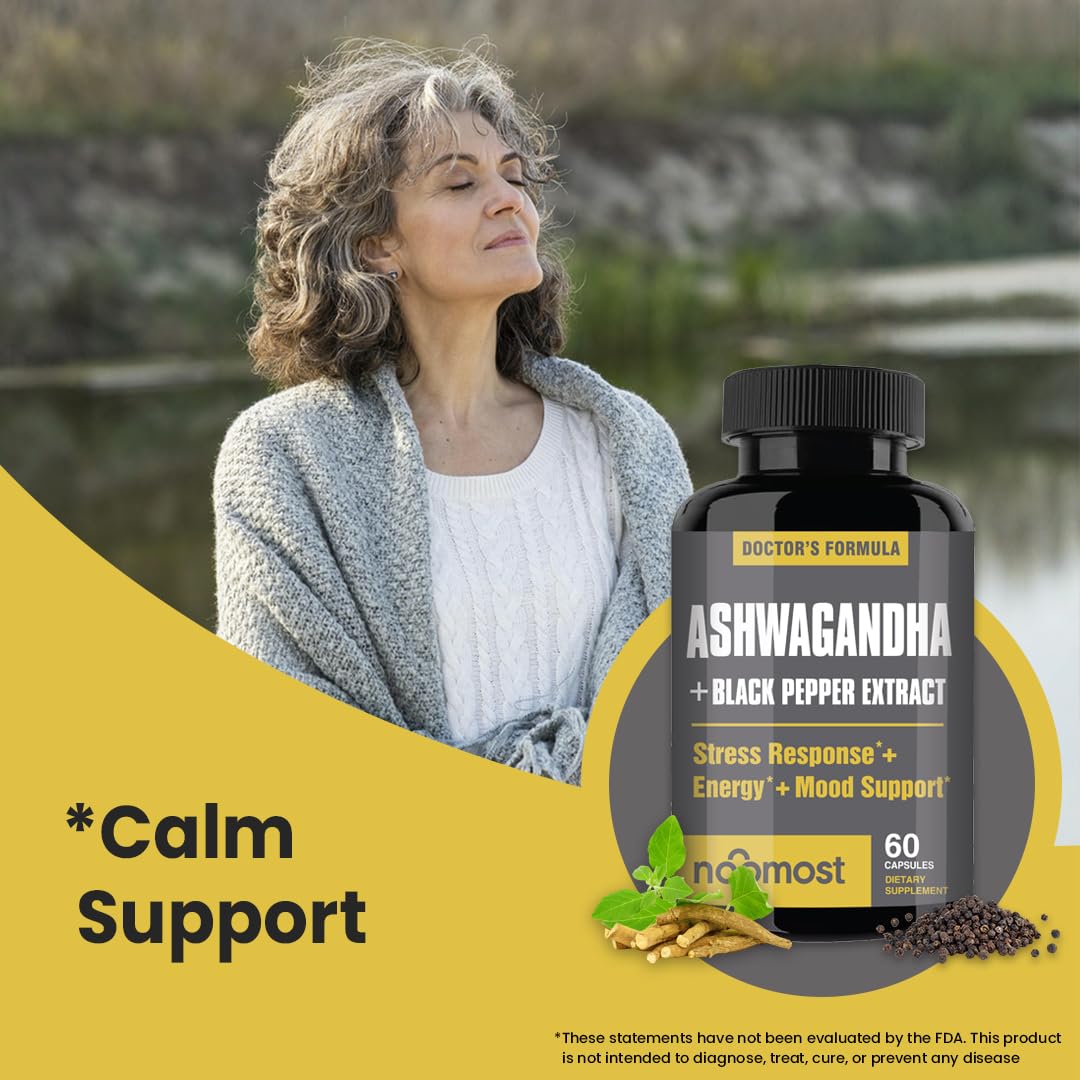 NooMost Organic Ashwagandha 400mg Capsules w/Black Pepper Extract as Vegan Ashwagandha Supplements for Anti Stress Relief, Natural Mood Support, Energy & Focus-60 Capsules - OzHealthStandard