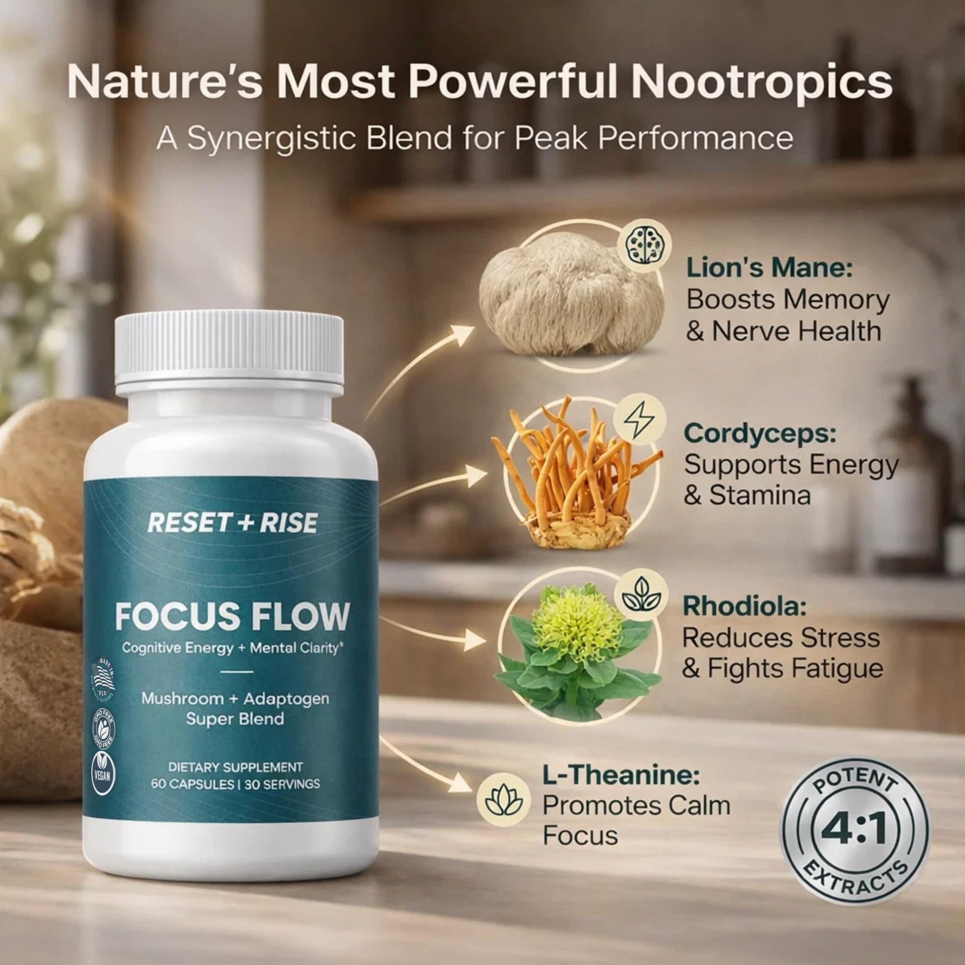 Nootropic Brain Supplement with Lion’s Mane Mushroom, Cordyceps & Rhodiola Rosea Extract - Focus and Energy Supplement, Adaptogen for Brain Health, Mental Clarity, Memory & Mood Support - 60 Capsules - OzHealthStandard