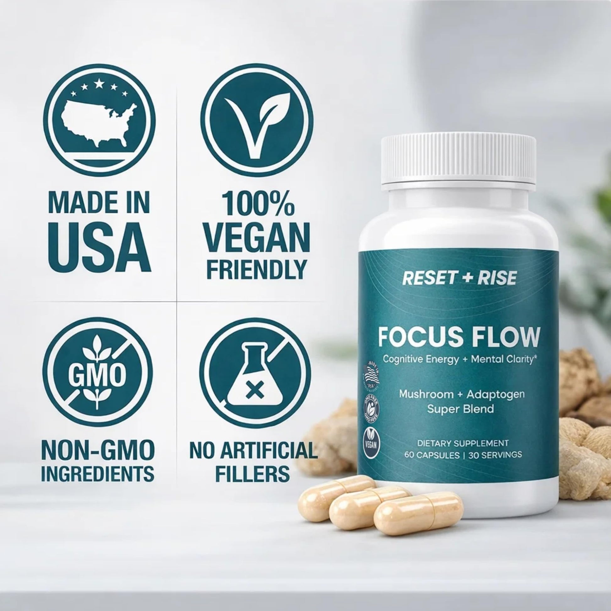 Nootropic Brain Supplement with Lion’s Mane Mushroom, Cordyceps & Rhodiola Rosea Extract - Focus and Energy Supplement, Adaptogen for Brain Health, Mental Clarity, Memory & Mood Support - 60 Capsules - OzHealthStandard