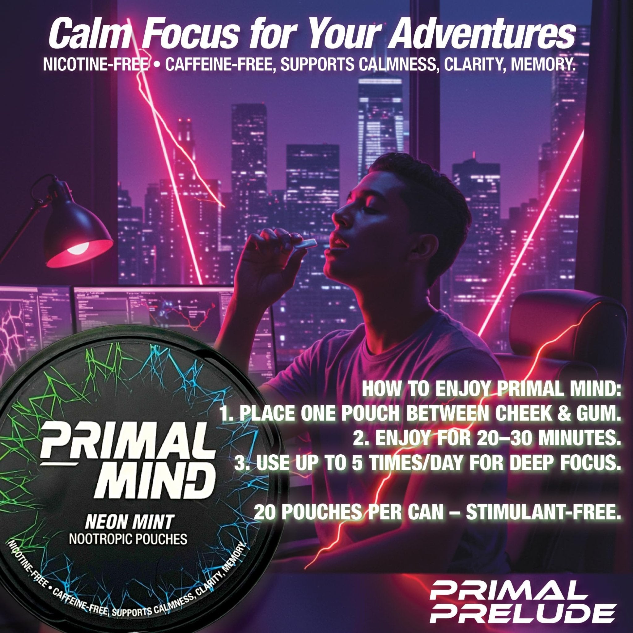 Nootropic Pouches - Primal Mind Caffeine Free Nootropics Pouches Made with Ginkgo Biloba & L-Theanine - Nicotine Free Brain Boost, No Sugar, Cognitive Support – 20 Pouches Per Can, 5 Pack (Neon Mint) - OzHealthStandard