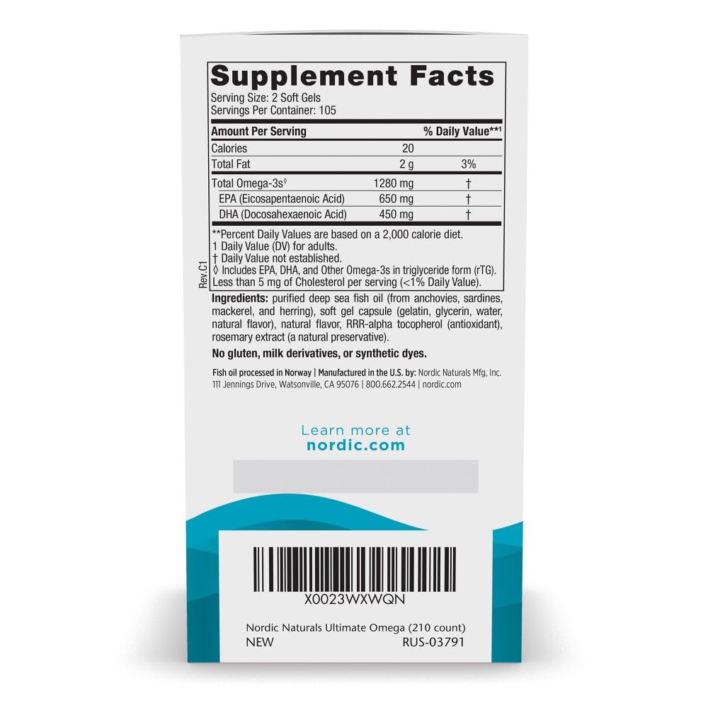 Nordic Naturals Ultimate Omega, Lemon Flavor - 210 Soft Gels - 1280 mg Omega-3 - High-Potency Fish Oil with EPA & DHA - Promotes Brain & Heart Health - Non-GMO - 105 Servings - OzHealthStandard