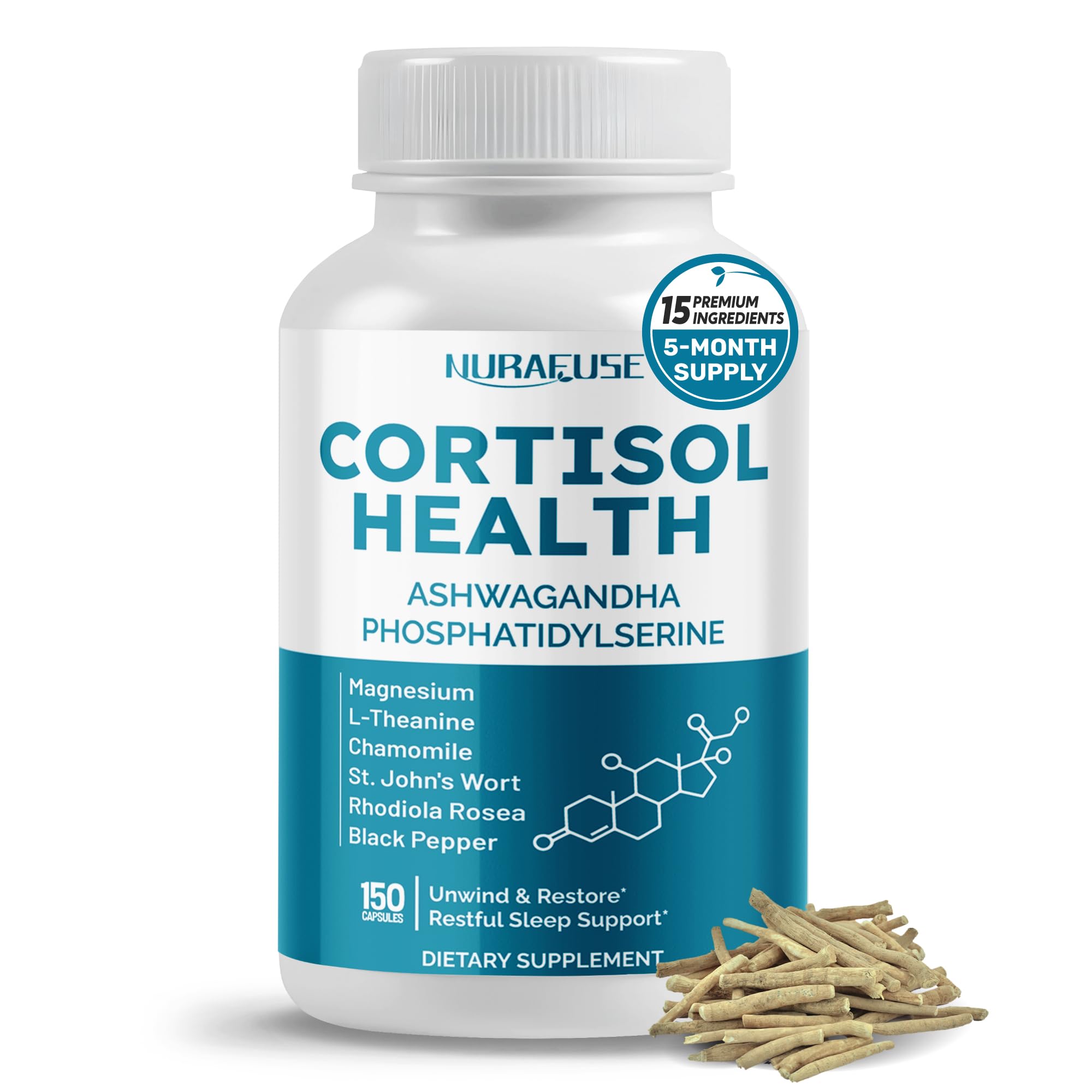 NURAFUSE CORTISOL Health Ashwagandha 15-in-1 Supplement with Magnesium Phosphatidylserine L-Theanine Chamomile Rhodiola Rosea Licorice Holy Basil - OzHealthStandard