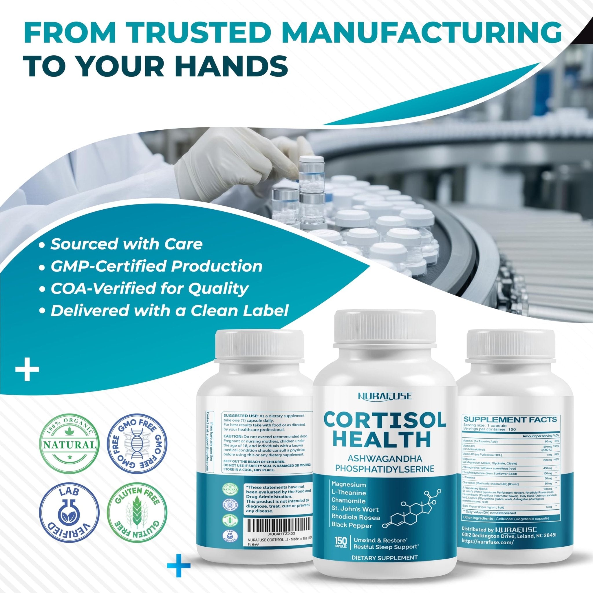 NURAFUSE CORTISOL Health Ashwagandha 15-in-1 Supplement with Magnesium Phosphatidylserine L-Theanine Chamomile Rhodiola Rosea Licorice Holy Basil - OzHealthStandard