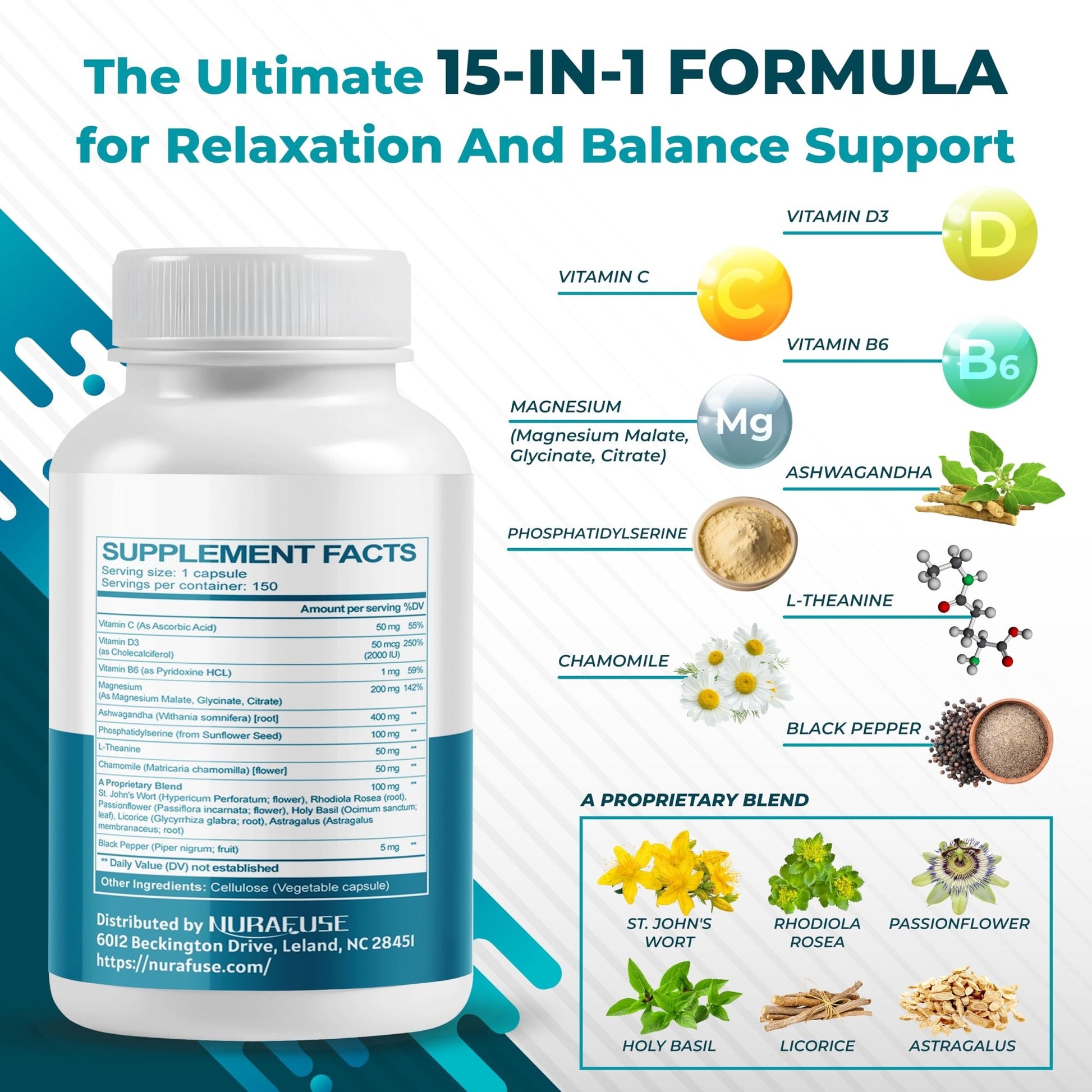 NURAFUSE CORTISOL Health Ashwagandha 15-in-1 Supplement with Magnesium Phosphatidylserine L-Theanine Chamomile Rhodiola Rosea Licorice Holy Basil - OzHealthStandard