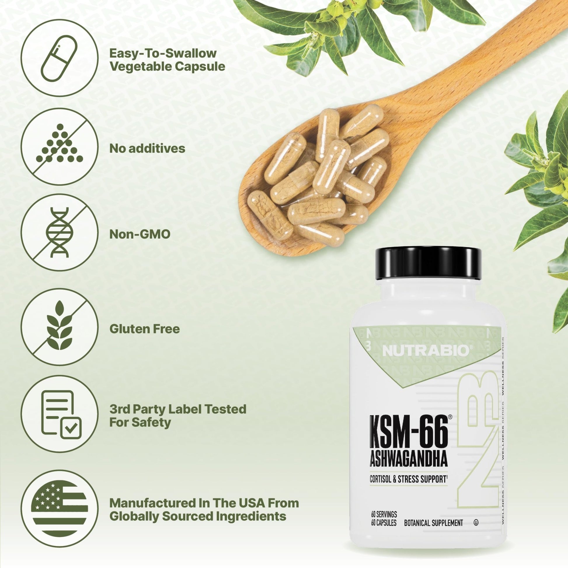 NutraBio Ashwagandha KSM-66 | Ashwagandha Herbal Supplement for Stress, Mood, & Performance | 600 MG of Clinically Studied KSM66 60 Capsules - OzHealthStandard