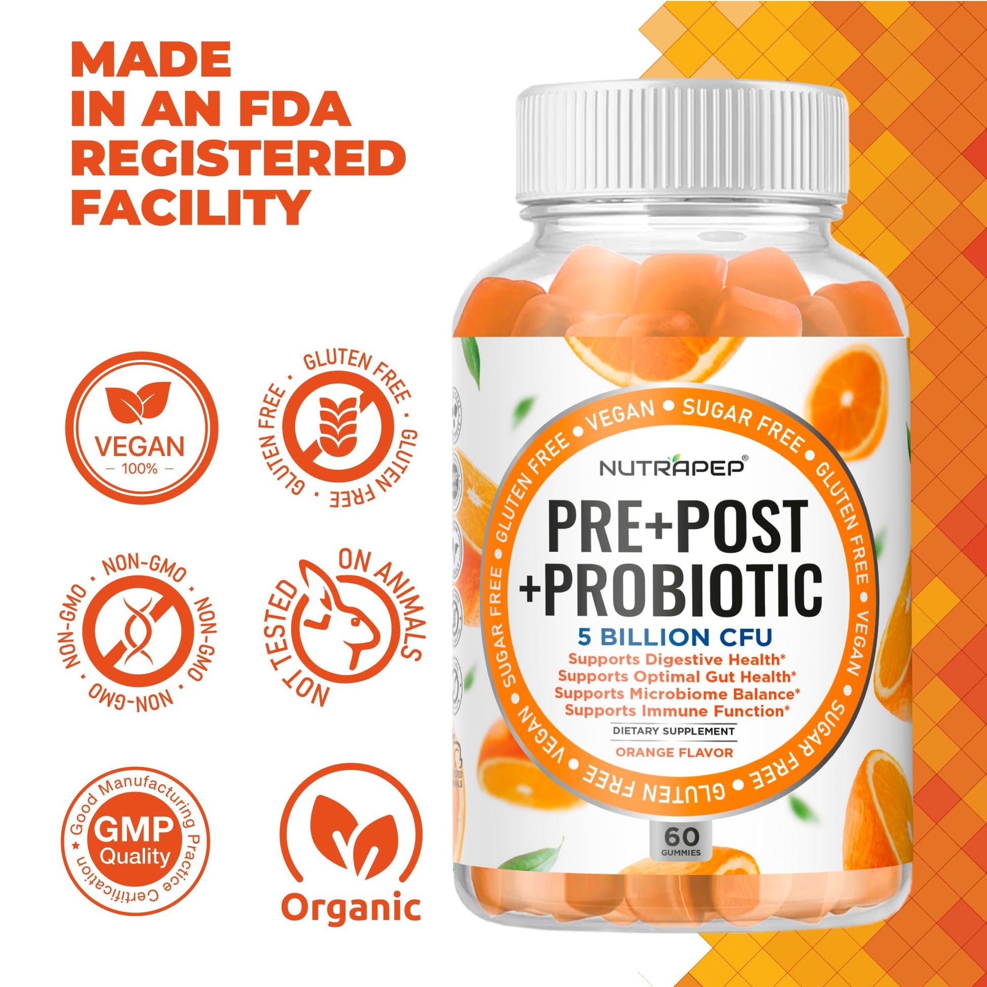 NutraPep Prebiotic Probiotic & Postbiotic Gummies for Women Men & Kids Children - High Potency 5 Billion CFU - Sugar-Free & Gluten 60 Count (Pack of 2) - OzHealthStandard