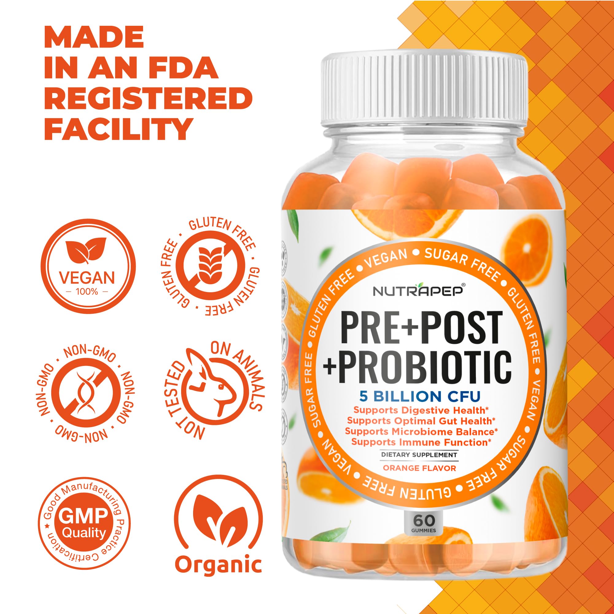 NutraPep Prebiotic Probiotic & Postbiotic Gummies for Women Men & Kids Children - High Potency 5 Billion CFU - Sugar-Free & Gluten 60 Count (Pack of 2) - OzHealthStandard