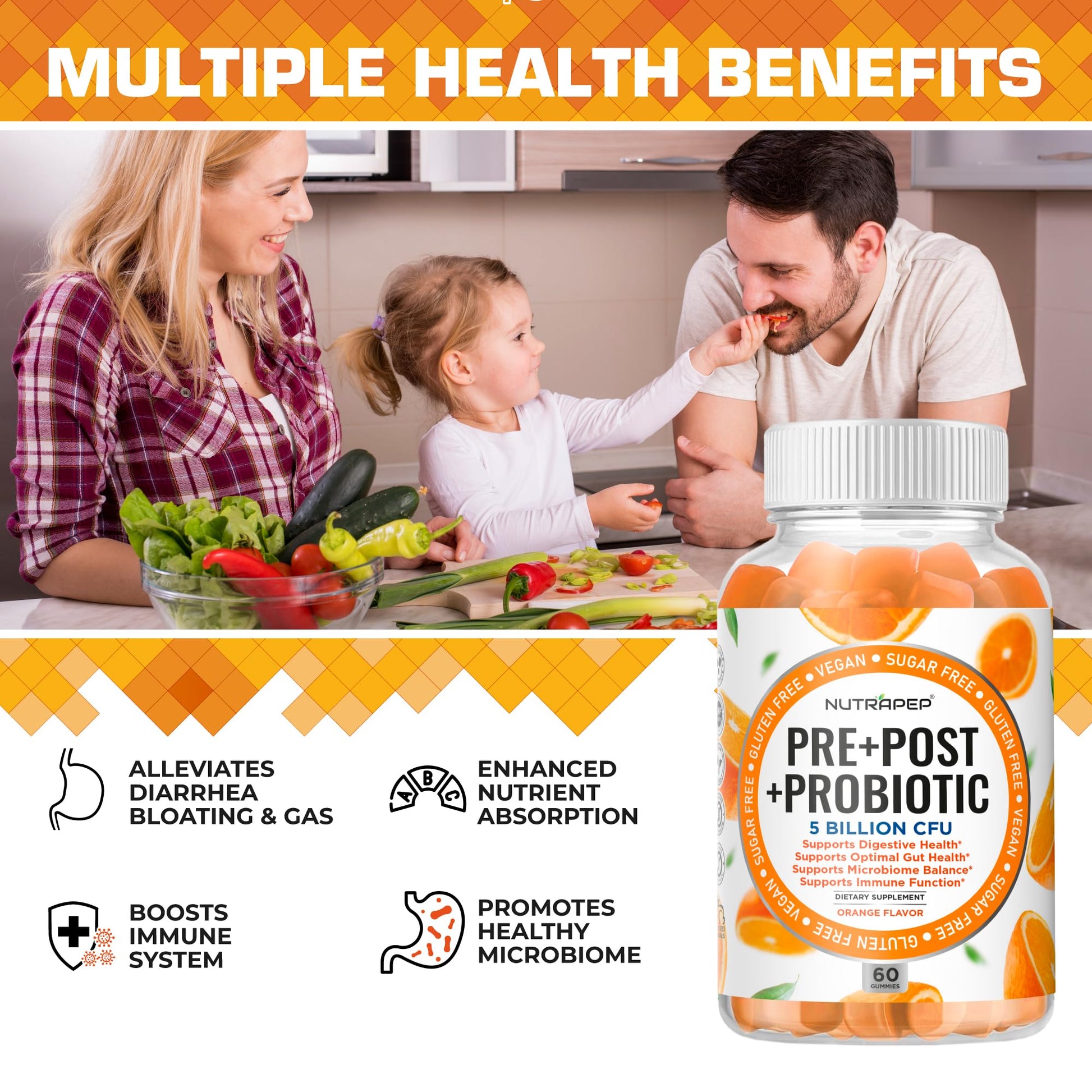 NutraPep Prebiotic Probiotic & Postbiotic Gummies for Women Men & Kids Children - High Potency 5 Billion CFU - Sugar-Free & Gluten 60 Count (Pack of 2) - OzHealthStandard