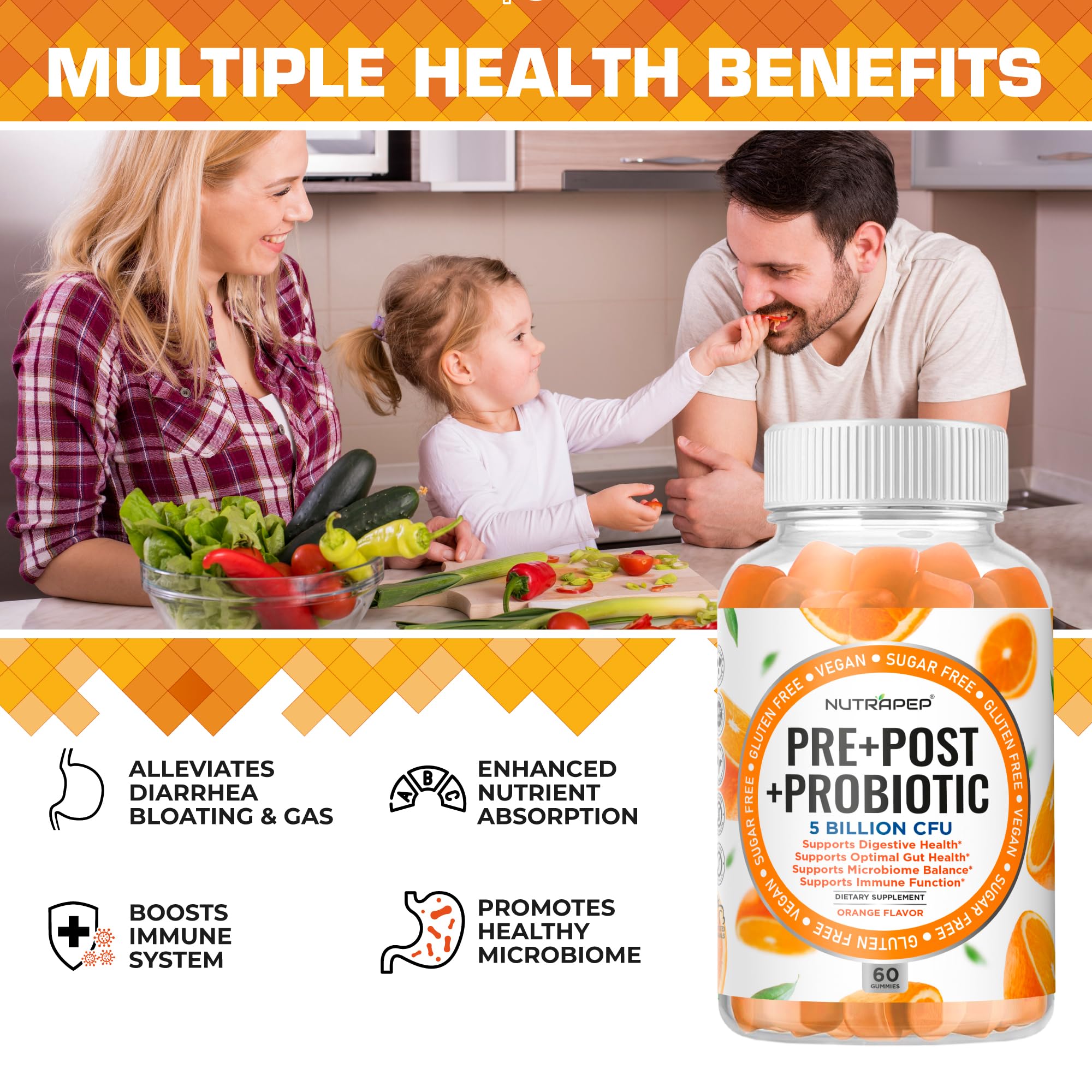 NutraPep Prebiotic Probiotic & Postbiotic Gummies for Women Men & Kids Children - High Potency 5 Billion CFU - Sugar-Free & Gluten 60 Count (Pack of 2) - OzHealthStandard