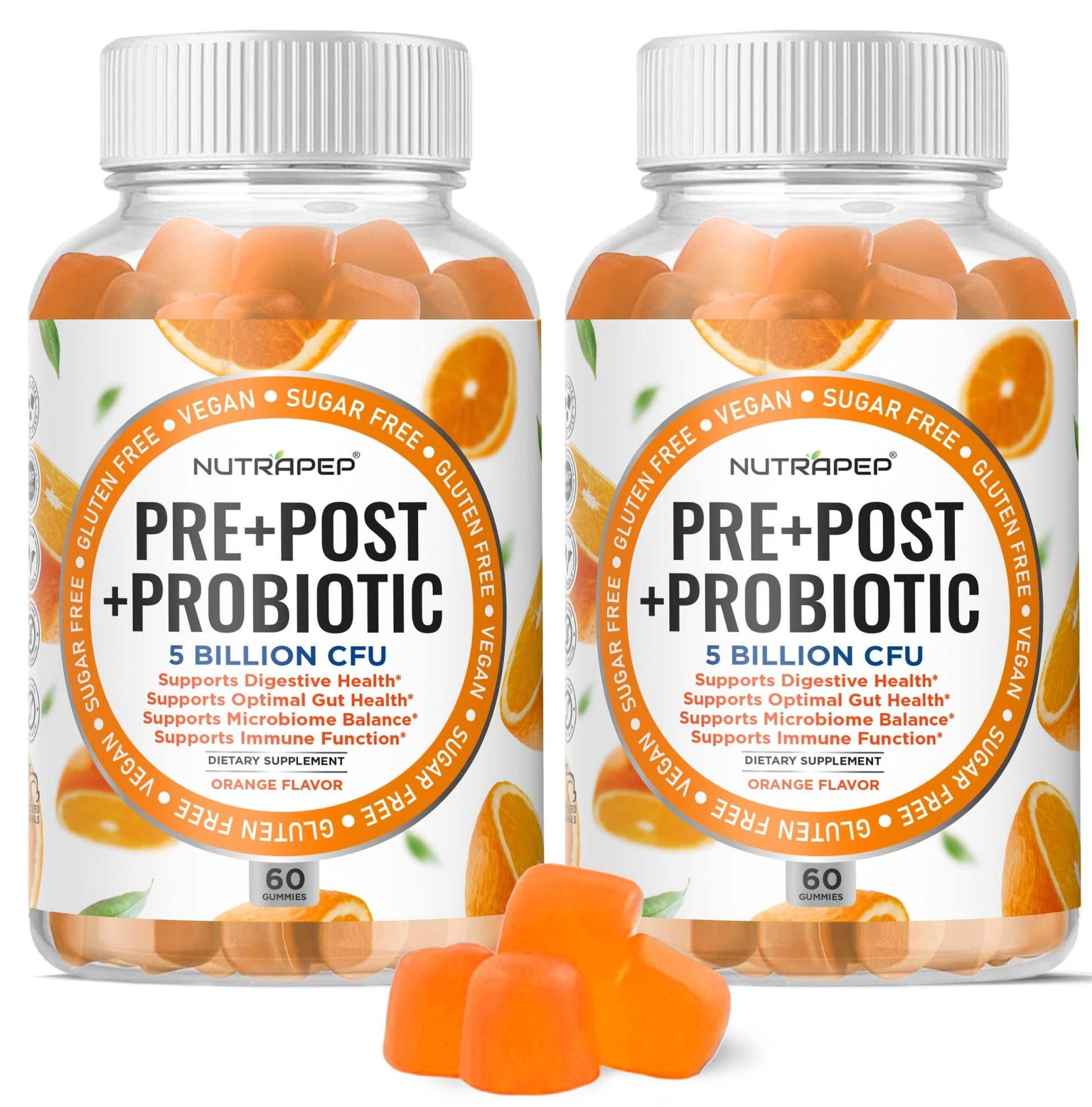 NutraPep Prebiotic Probiotic & Postbiotic Gummies for Women Men & Kids Children - High Potency 5 Billion CFU - Sugar-Free & Gluten 60 Count (Pack of 2) - OzHealthStandard