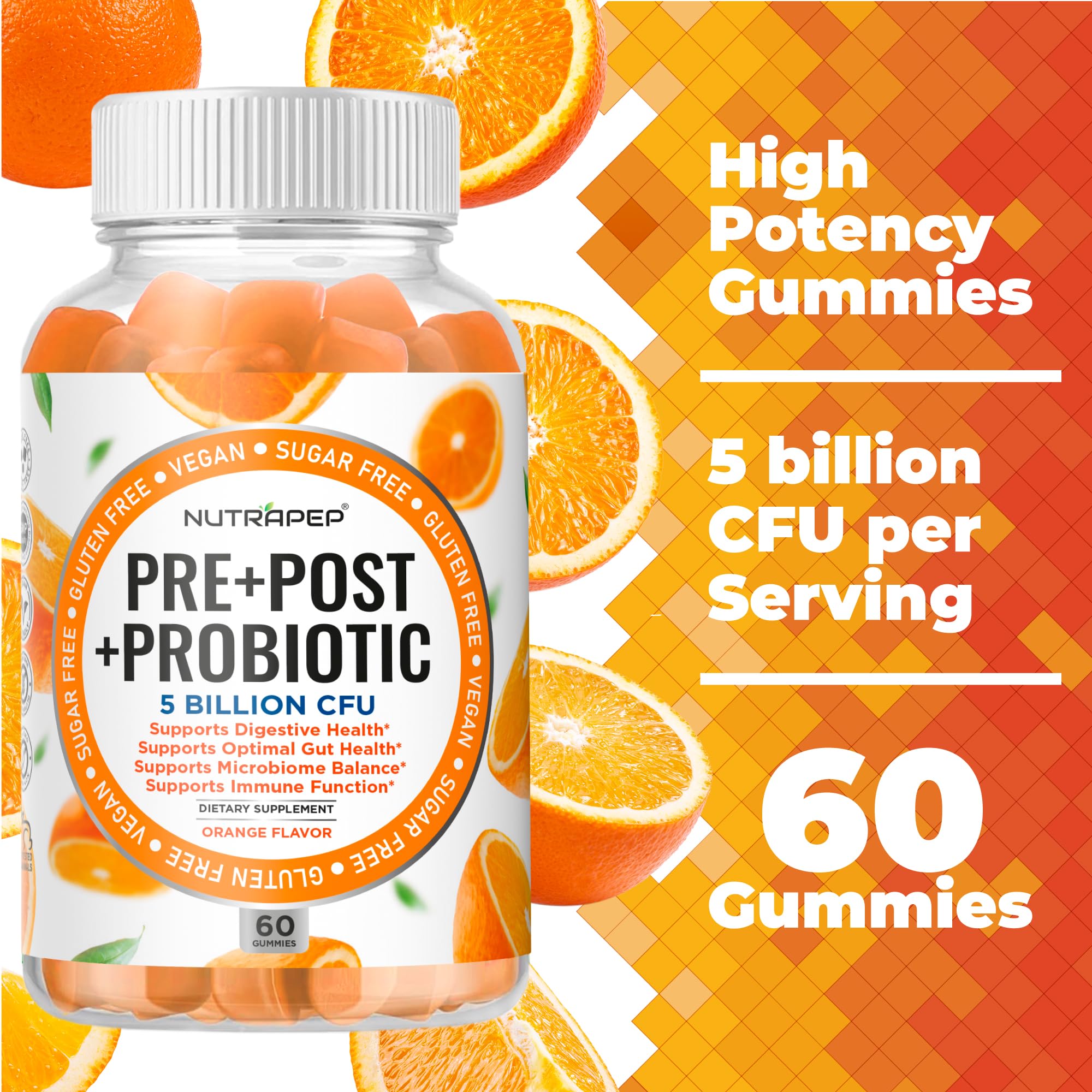 NutraPep Prebiotic Probiotic & Postbiotic Gummies for Women Men & Kids Children - High Potency 5 Billion CFU - Sugar-Free & Gluten 60 Count (Pack of 2) - OzHealthStandard
