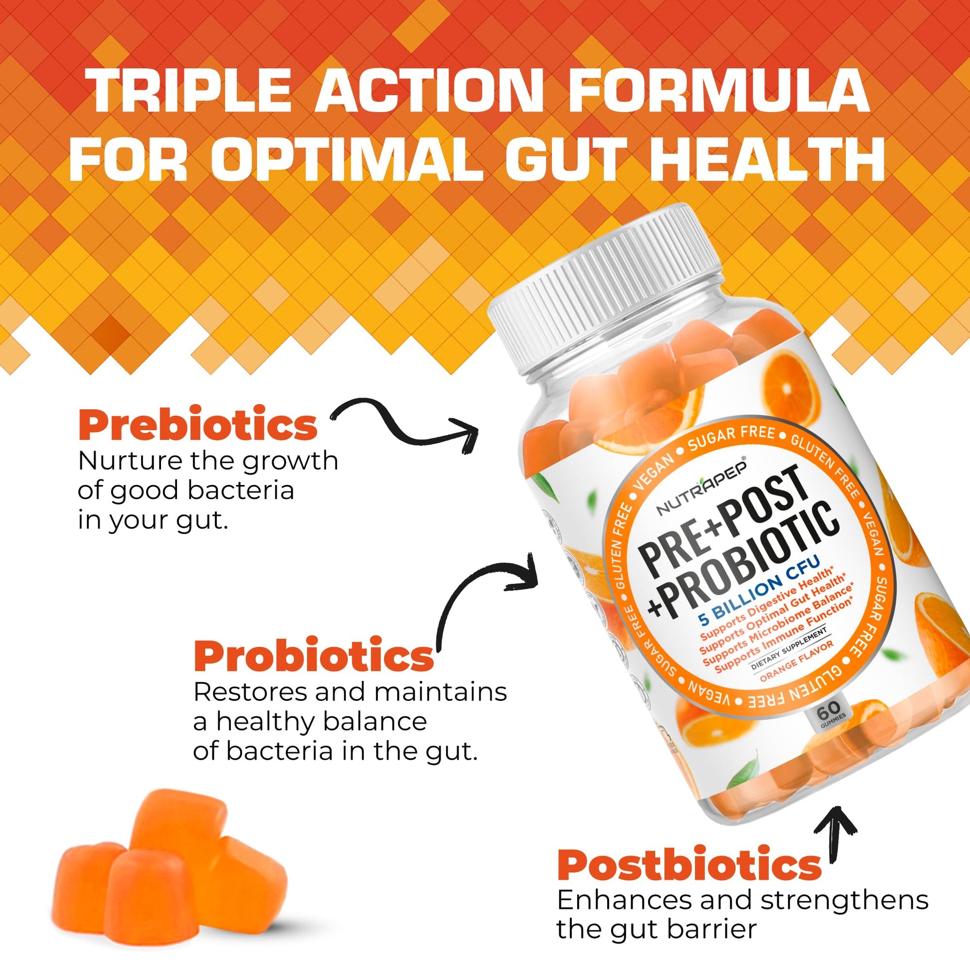 NutraPep Prebiotic Probiotic & Postbiotic Gummies for Women Men & Kids Children - High Potency 5 Billion CFU - Sugar-Free & Gluten 60 Count (Pack of 2) - OzHealthStandard