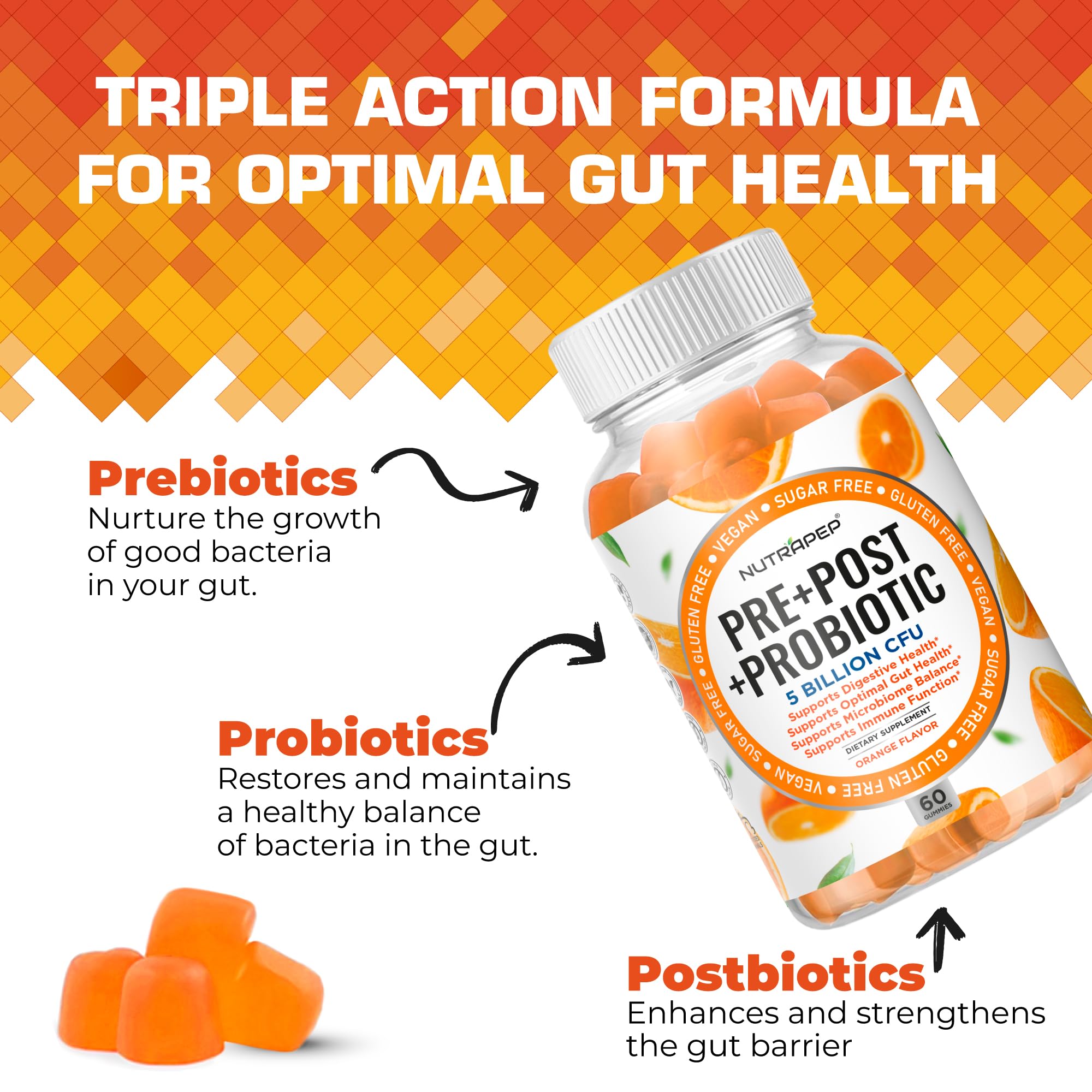 NutraPep Prebiotic Probiotic & Postbiotic Gummies for Women Men & Kids Children - High Potency 5 Billion CFU - Sugar-Free & Gluten 60 Count (Pack of 2) - OzHealthStandard