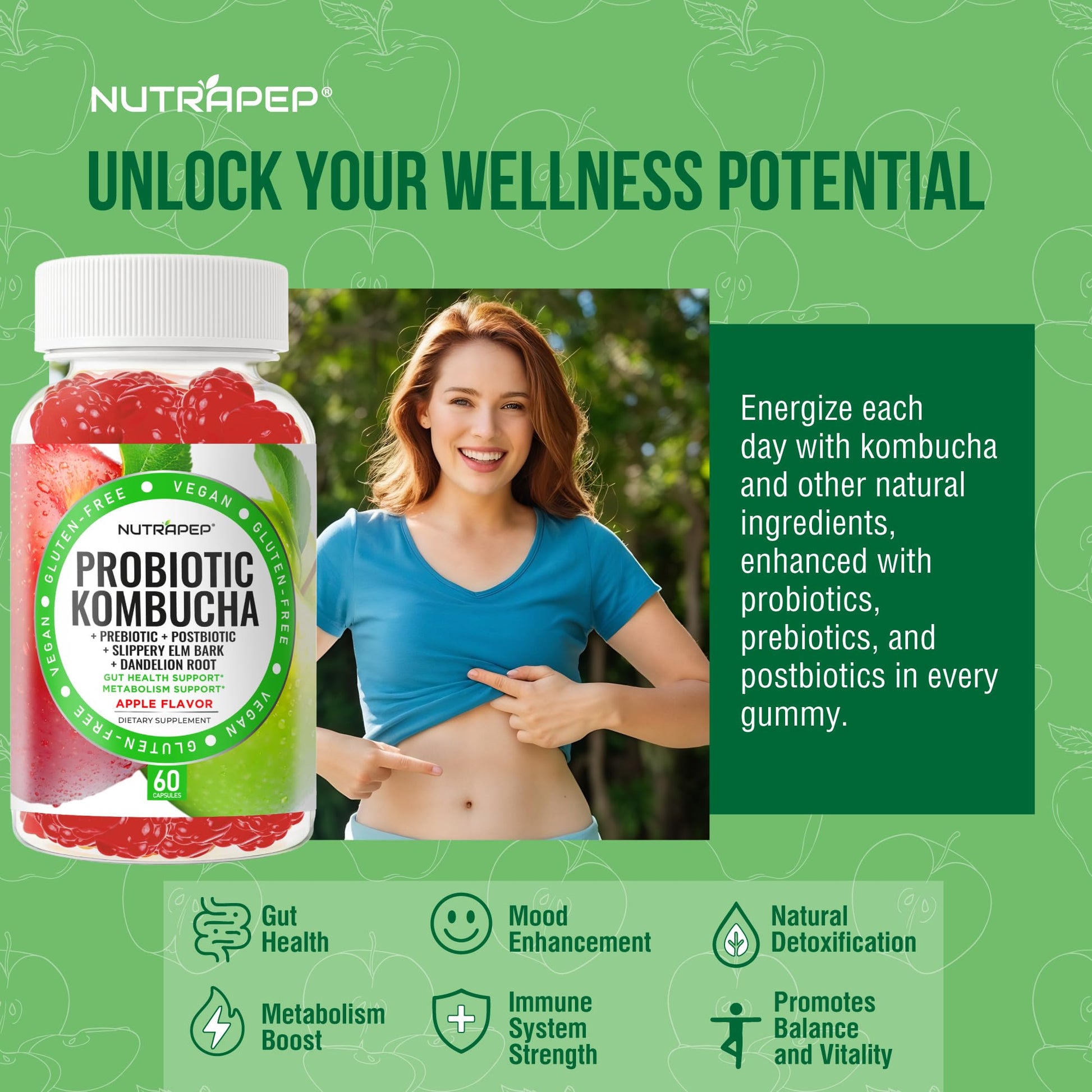 NutraPep Probiotic Kombucha Gummies - Women Men Probiotic Prebiotic Probiotic Blend for Gut Health Bloating Metabolism Support with Slippery Elm Bark Dandelion Root - Vegan Gluten Free Apple Flavor - OzHealthStandard