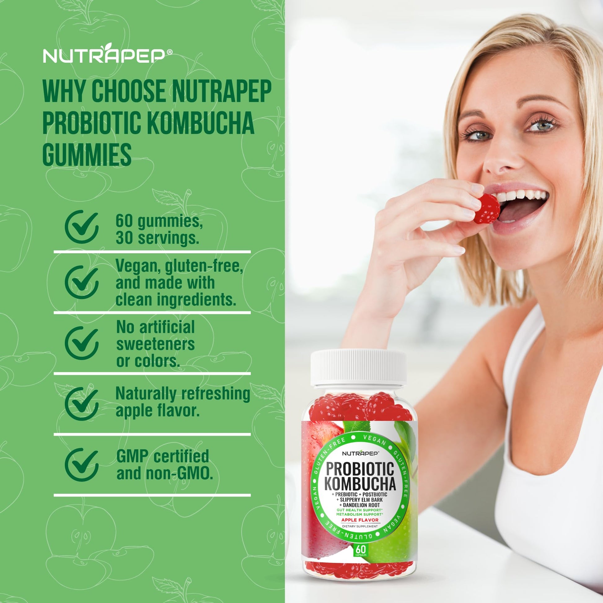 NutraPep Probiotic Kombucha Gummies - Women Men Probiotic Prebiotic Probiotic Blend for Gut Health Bloating Metabolism Support with Slippery Elm Bark Dandelion Root - Vegan Gluten Free Apple Flavor - OzHealthStandard