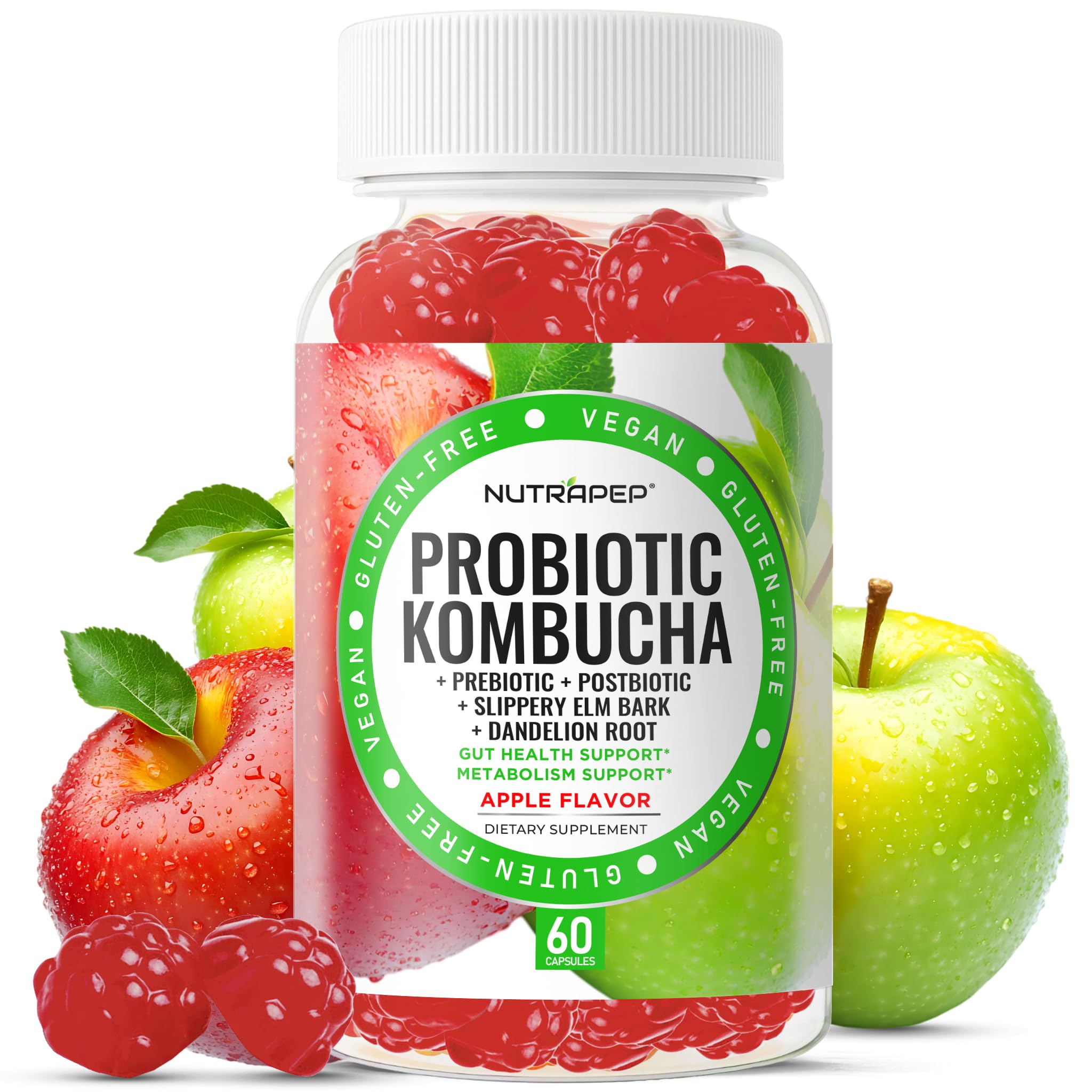 NutraPep Probiotic Kombucha Gummies - Women Men Probiotic Prebiotic Probiotic Blend for Gut Health Bloating Metabolism Support with Slippery Elm Bark Dandelion Root - Vegan Gluten Free Apple Flavor - OzHealthStandard