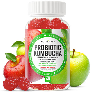 NutraPep Probiotic Kombucha Gummies - Women Men Probiotic Prebiotic Probiotic Blend for Gut Health Bloating Metabolism Support with Slippery Elm Bark Dandelion Root - Vegan Gluten Free Apple Flavor - OzHealthStandard