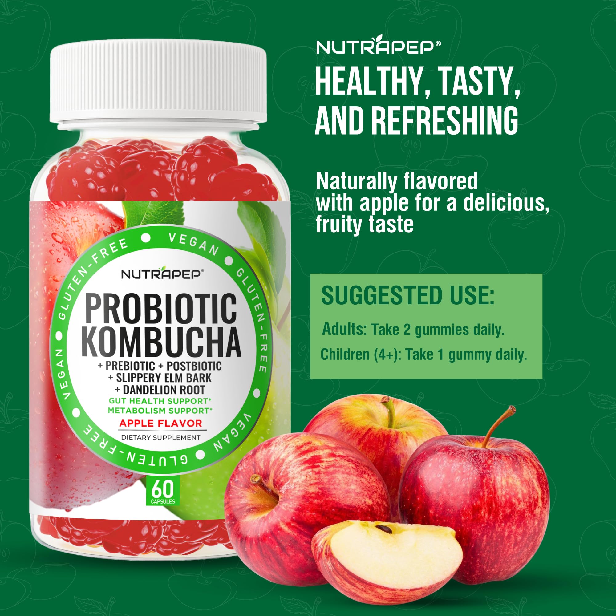 NutraPep Probiotic Kombucha Gummies - Women Men Probiotic Prebiotic Probiotic Blend for Gut Health Bloating Metabolism Support with Slippery Elm Bark Dandelion Root - Vegan Gluten Free Apple Flavor - OzHealthStandard