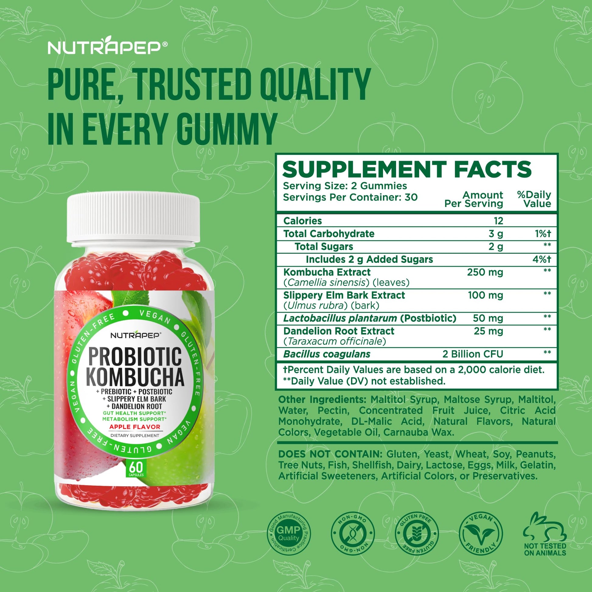 NutraPep Probiotic Kombucha Gummies - Women Men Probiotic Prebiotic Probiotic Blend for Gut Health Bloating Metabolism Support with Slippery Elm Bark Dandelion Root - Vegan Gluten Free Apple Flavor - OzHealthStandard