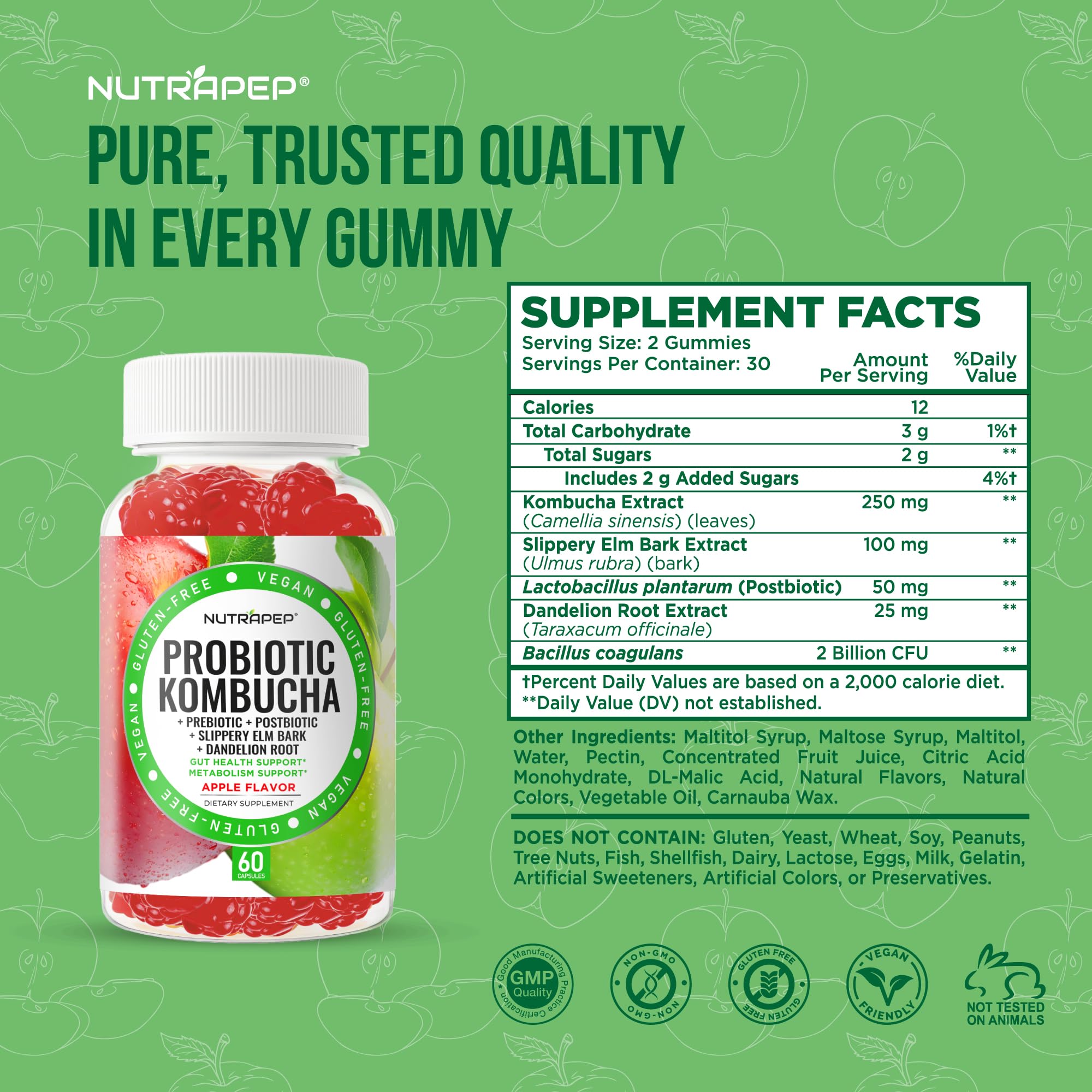 NutraPep Probiotic Kombucha Gummies - Women Men Probiotic Prebiotic Probiotic Blend for Gut Health Bloating Metabolism Support with Slippery Elm Bark Dandelion Root - Vegan Gluten Free Apple Flavor - OzHealthStandard