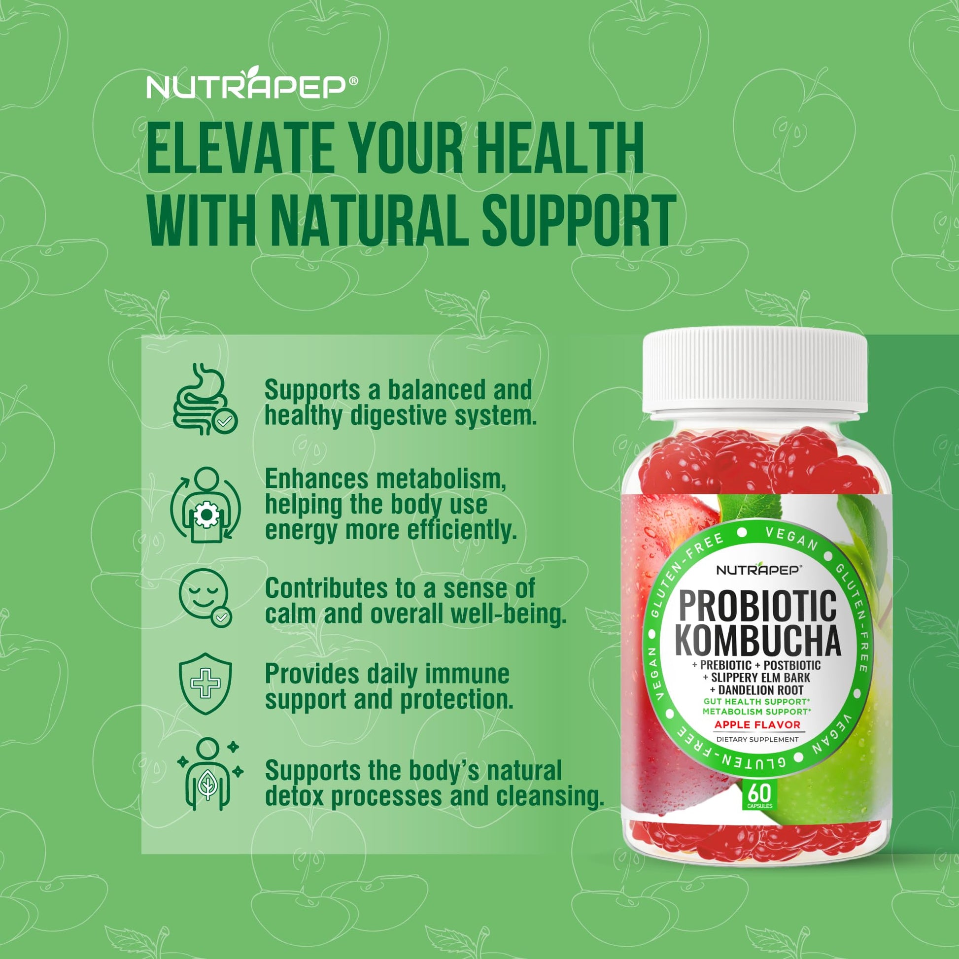 NutraPep Probiotic Kombucha Gummies - Women Men Probiotic Prebiotic Probiotic Blend for Gut Health Bloating Metabolism Support with Slippery Elm Bark Dandelion Root - Vegan Gluten Free Apple Flavor - OzHealthStandard