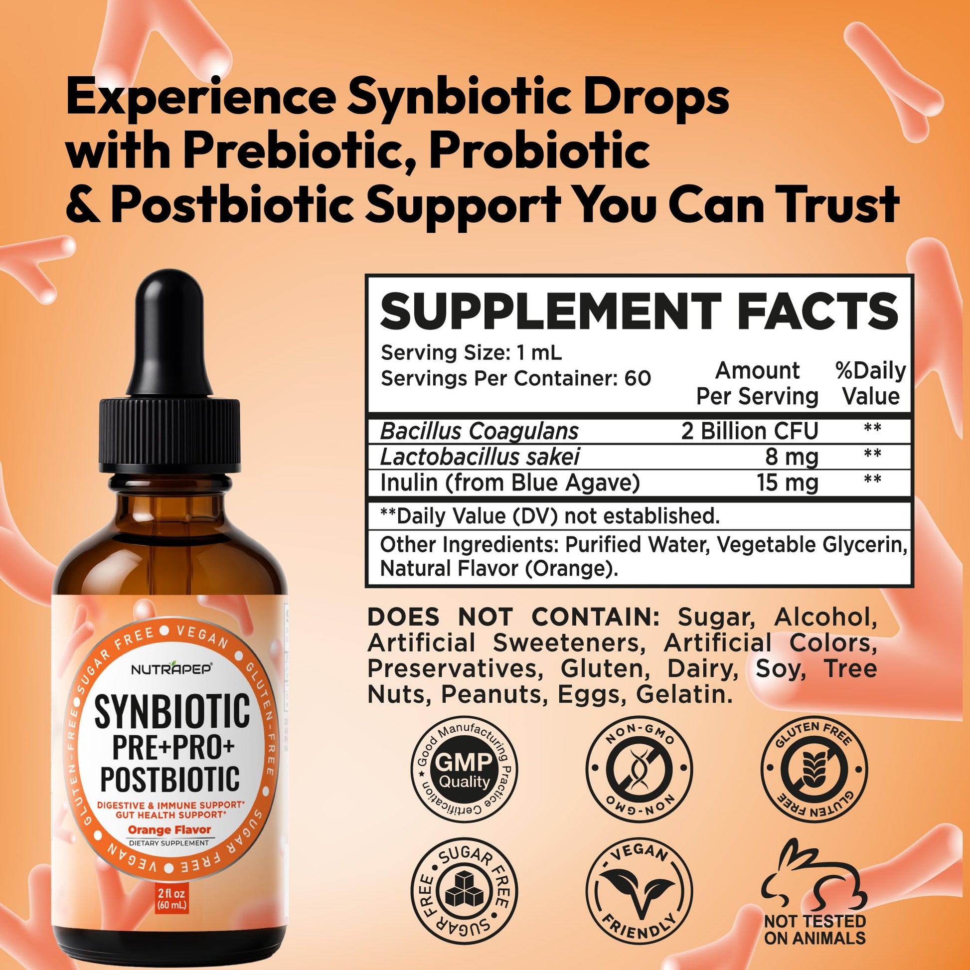 NutraPep Synbiotic Liquid Drops - Probiotic Prebiotic & Postbiotic Supplement for Adults Kids Ages 4+ - Daily Synbiotic for Gut Health Digestive & Immune Support - OzHealthStandard