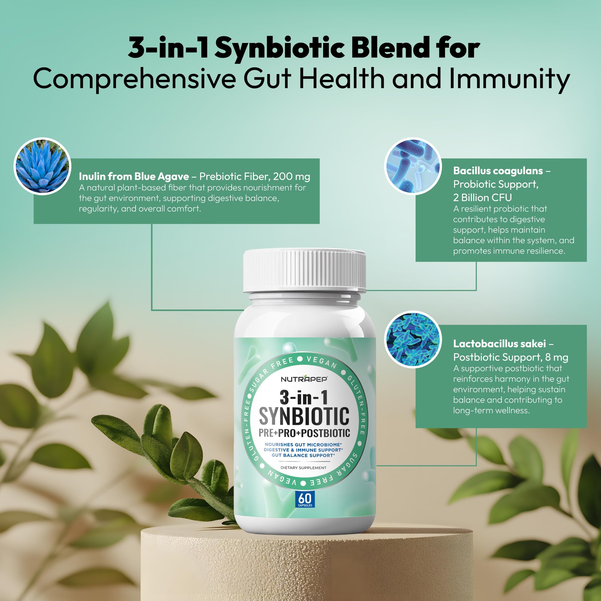 NutraPep Synbiotics Probiotic Prebiotic Postbiotic - Daily Gut Health Support with Pre Pro & Post Biotics for Men Women - Digestive & Immune Support Balance Synbiotic Supplement - Vegan Gluten Free - OzHealthStandard