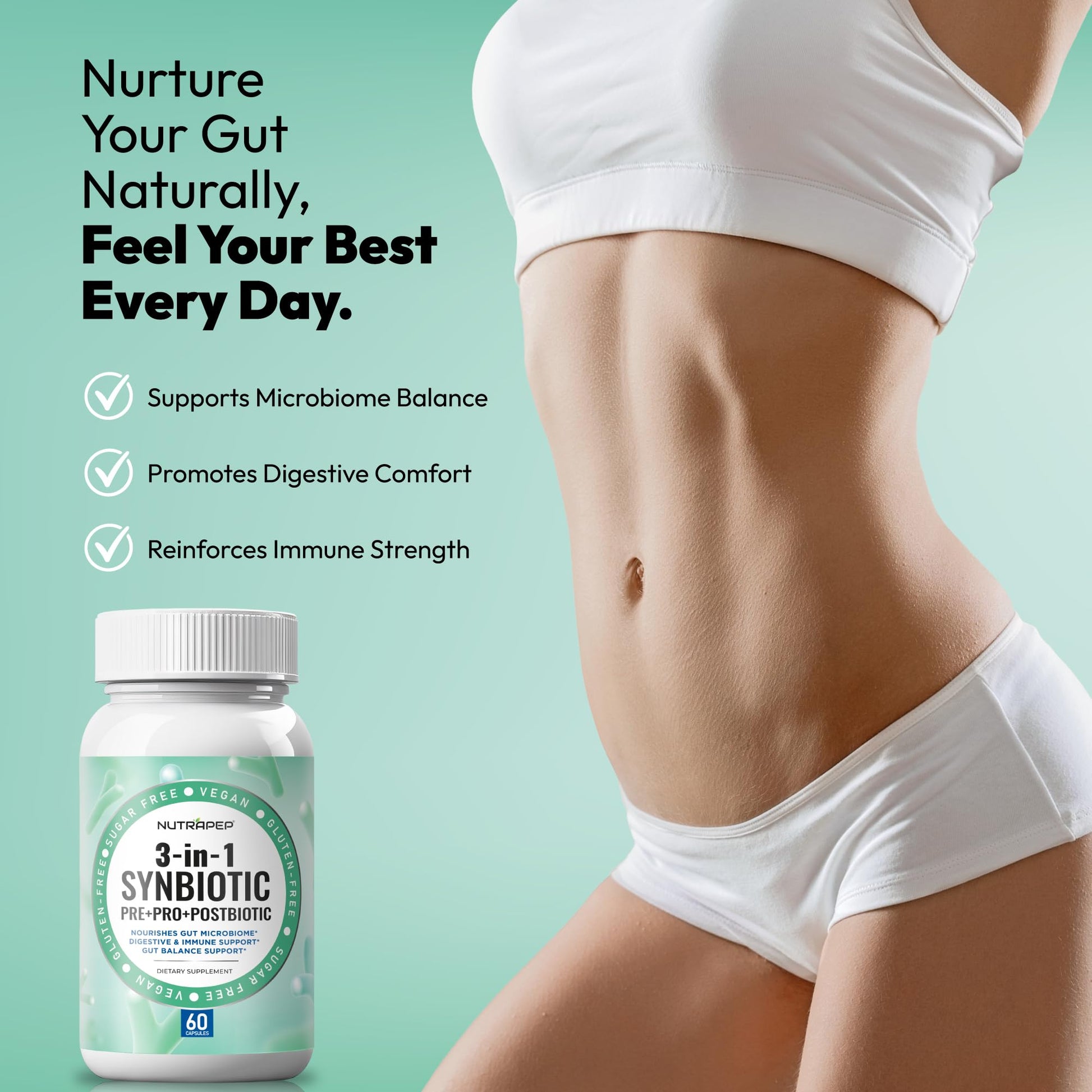 NutraPep Synbiotics Probiotic Prebiotic Postbiotic - Daily Gut Health Support with Pre Pro & Post Biotics for Men Women - Digestive & Immune Support Balance Synbiotic Supplement - Vegan Gluten Free - OzHealthStandard