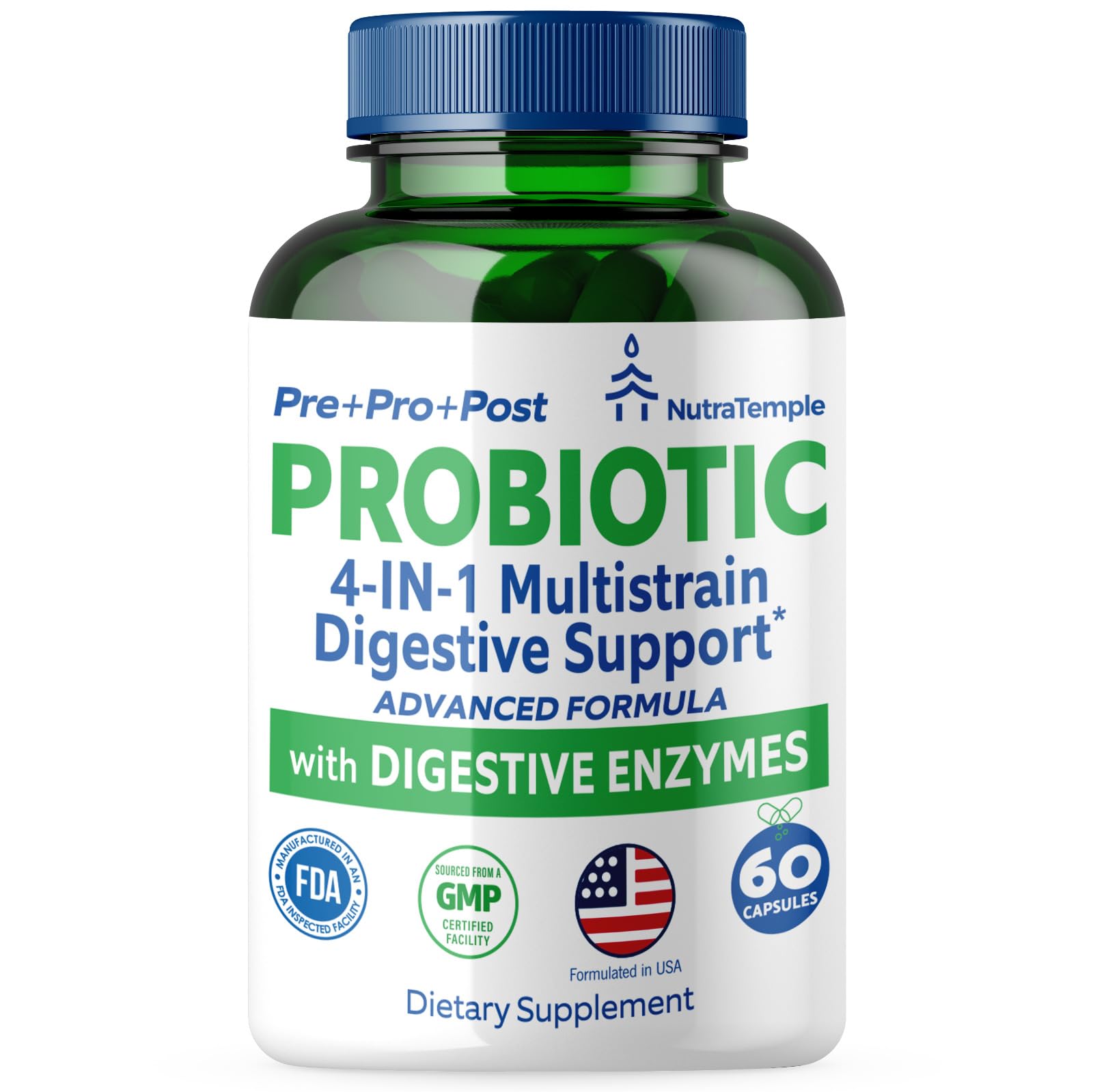 NUTRATEMPLE 4 in 1 Pre Post Probiotics & Digestive Enzymes for Women & Men - Digestive Health, Gut & Immune Support for Occasional Constipation, Diarrhea, Gas & Bloating – 60 Veggie Capsules - OzHealthStandard