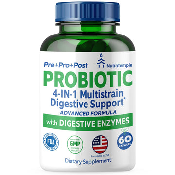 NUTRATEMPLE 4 in 1 Pre Post Probiotics & Digestive Enzymes for Women & Men - Digestive Health, Gut & Immune Support for Occasional Constipation, Diarrhea, Gas & Bloating – 60 Veggie Capsules - OzHealthStandard