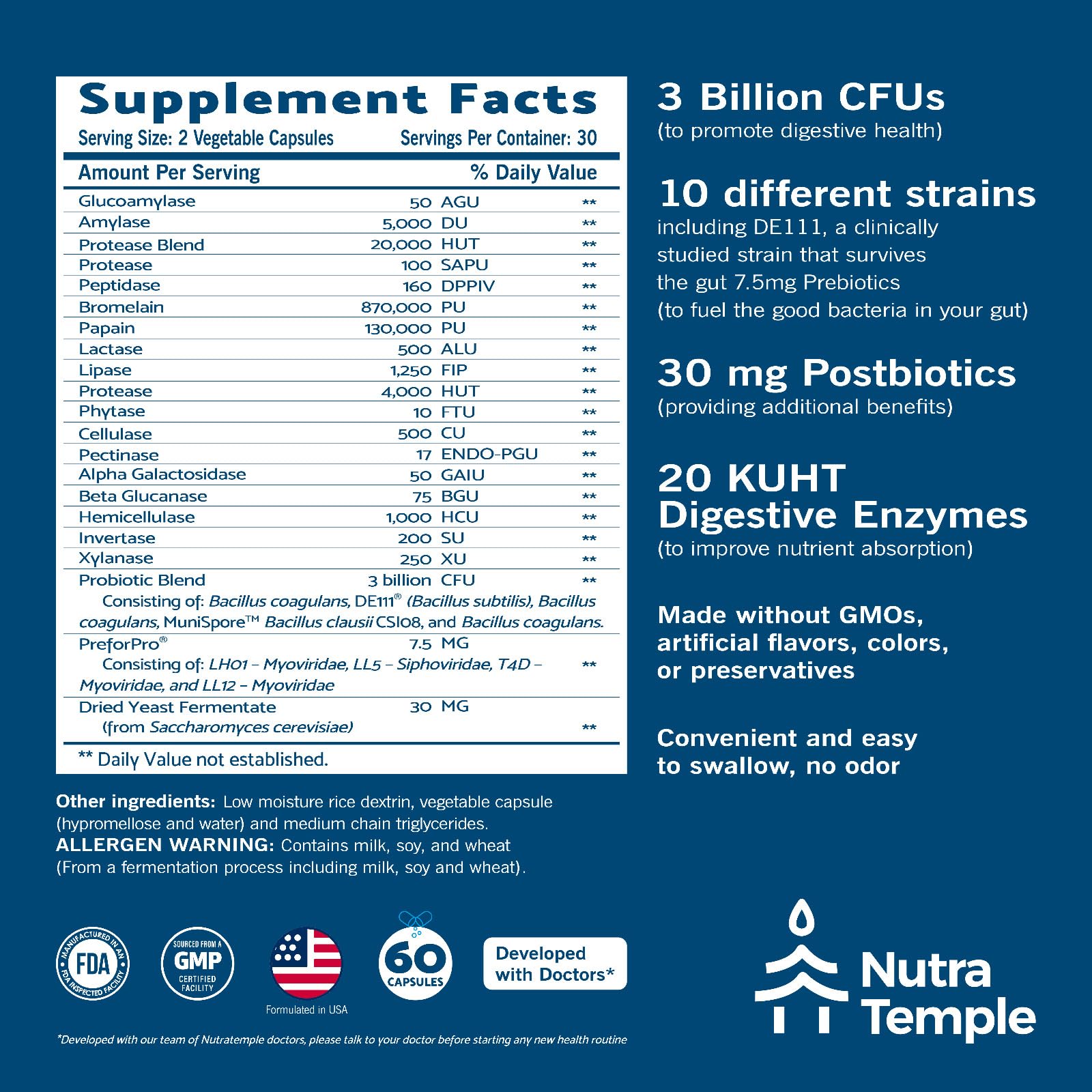 NUTRATEMPLE 4 in 1 Pre Post Probiotics & Digestive Enzymes for Women & Men - Digestive Health, Gut & Immune Support for Occasional Constipation, Diarrhea, Gas & Bloating – 60 Veggie Capsules - OzHealthStandard