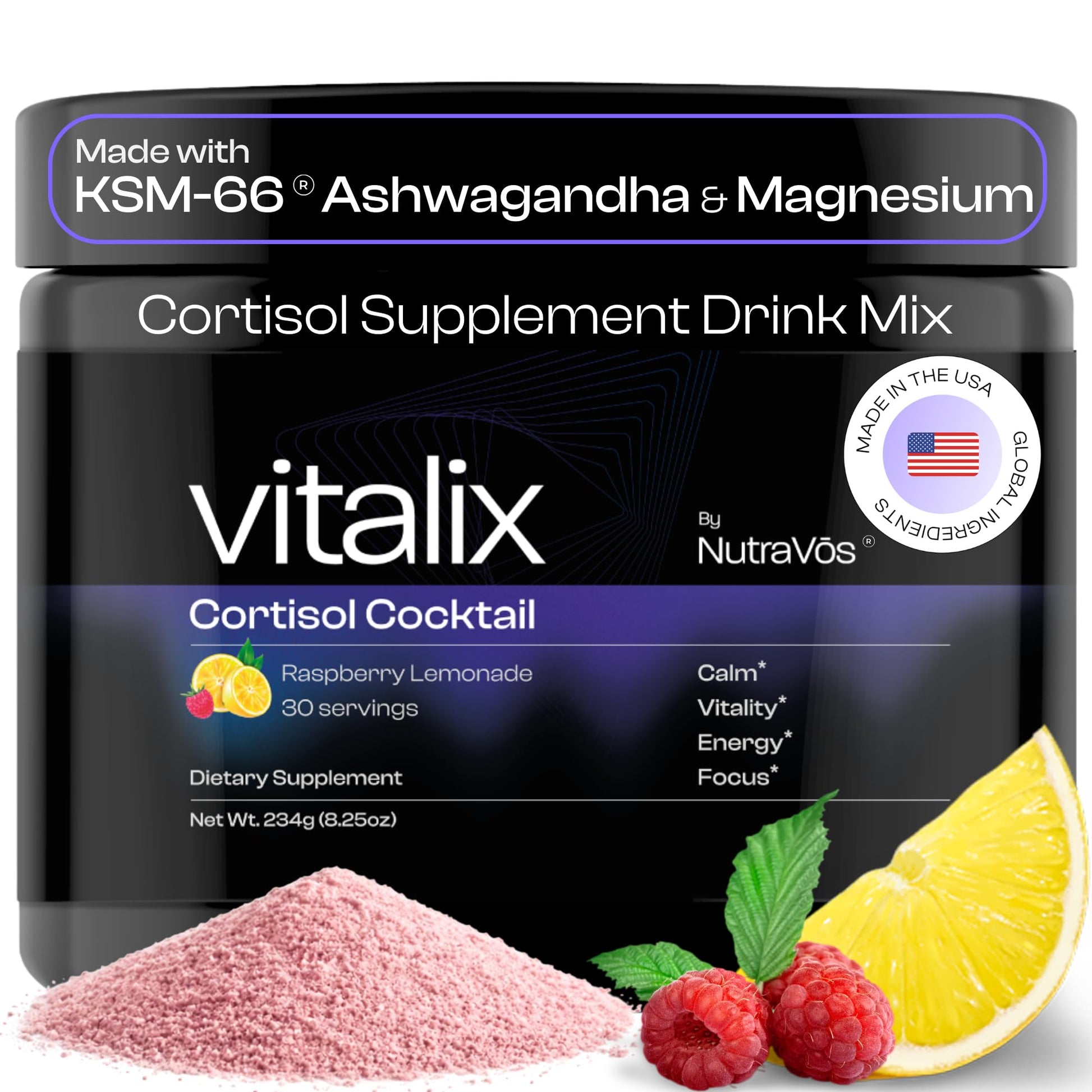 NutraVōs Vitalix – Cortisol Reducer & Adaptogen Drink Mix with Ashwagandha KSM 66, Magnesium Glycinate 200mg, L-Theanine 200mg, Vitamin C 500mg & Electrolytes – Raspberry Lemonade – 30 Servings - OzHealthStandard
