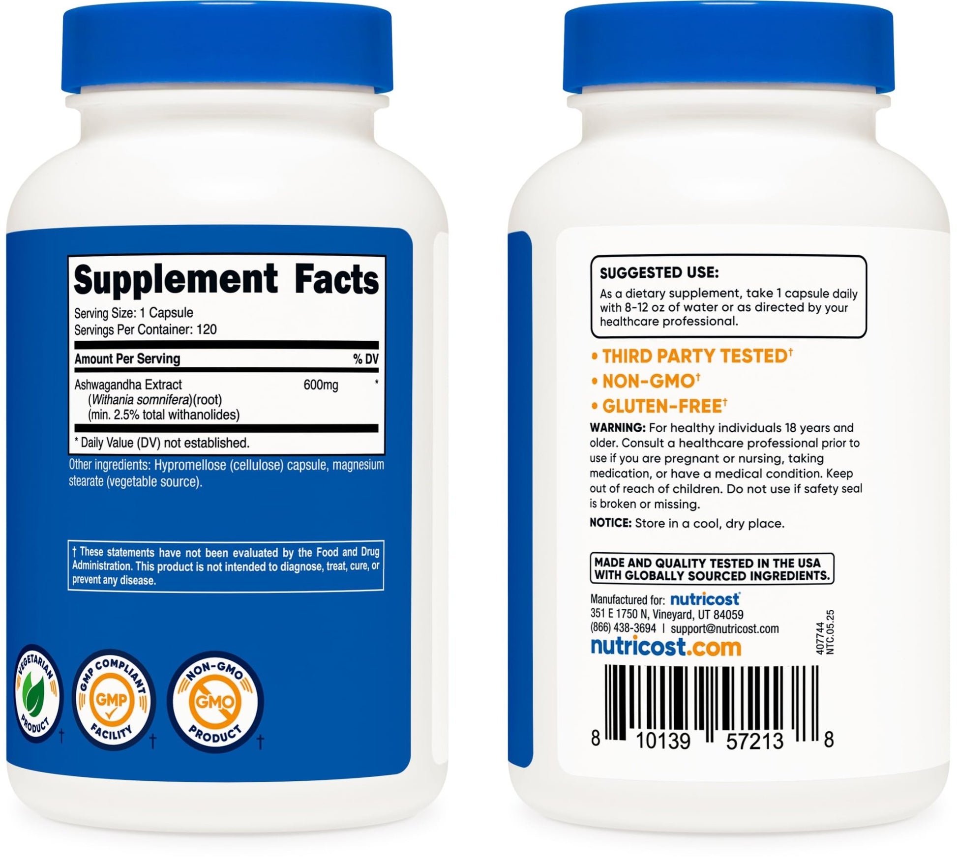 Nutricost Ashwagandha Herbal Supplement 600mg, 120 Capsules - Vegetarian, Non-GMO, Gluten Free, Ashwagandha Root - OzHealthStandard