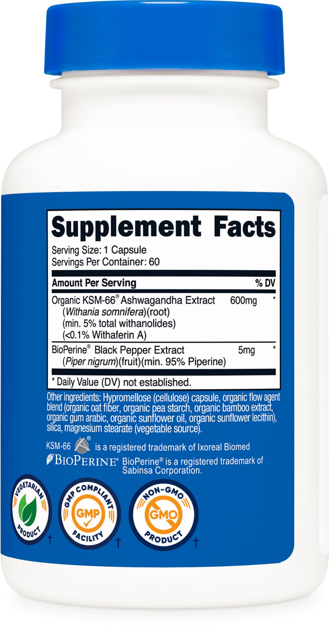 Nutricost KSM-66 Ashwagandha Root Extract 600mg, 60 Veggie Caps - 5% Withanolides - with BioPerine - Full-Spectrum Root Extract - OzHealthStandard