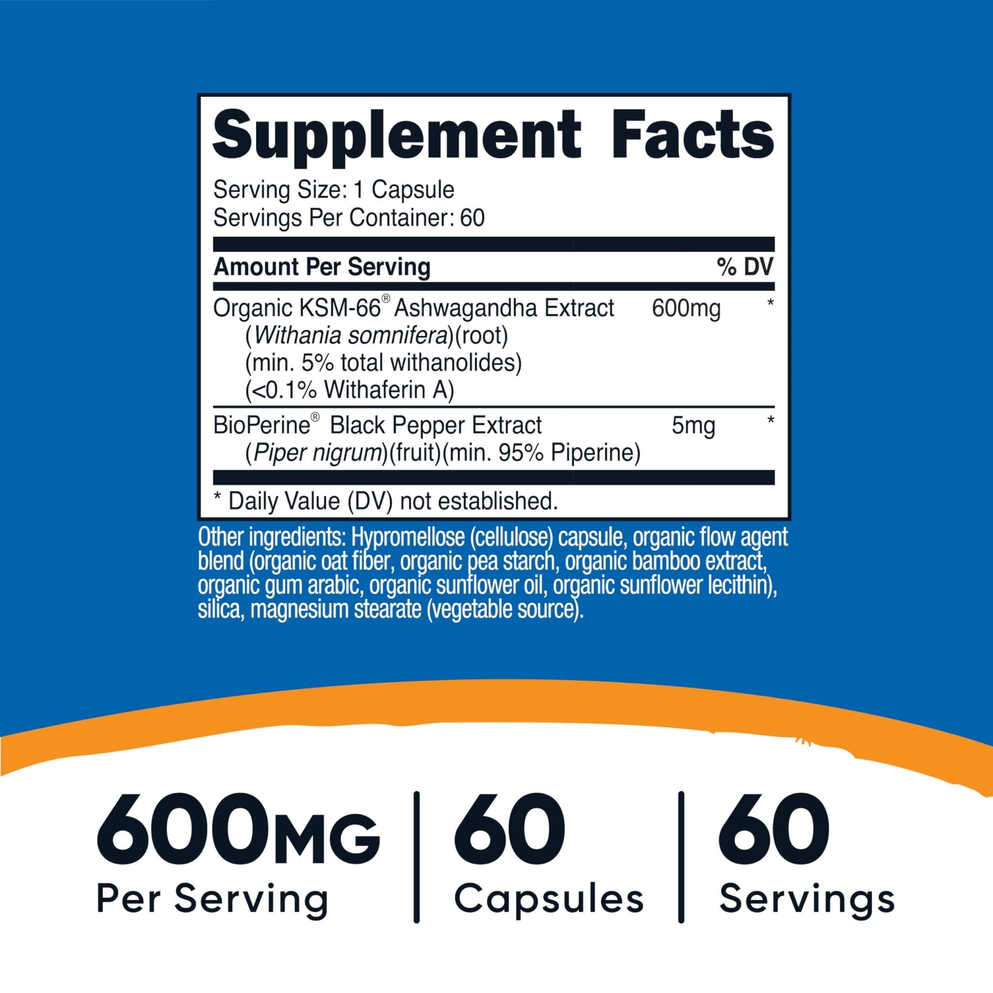 Nutricost KSM-66 Ashwagandha Root Extract 600mg, 60 Veggie Caps - 5% Withanolides - with BioPerine - Full-Spectrum Root Extract - OzHealthStandard