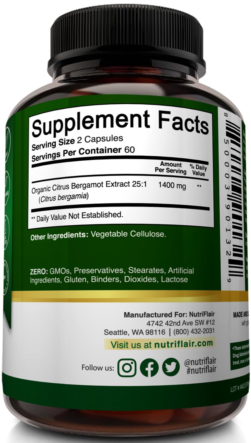 NutriFlair Organic Citrus Bergamot 1400mg, 120 Capsules - 25:1 Bergamia - Essential Oil and Citrus Bioflavonoids - Natural Heart Health Supplements - OzHealthStandard