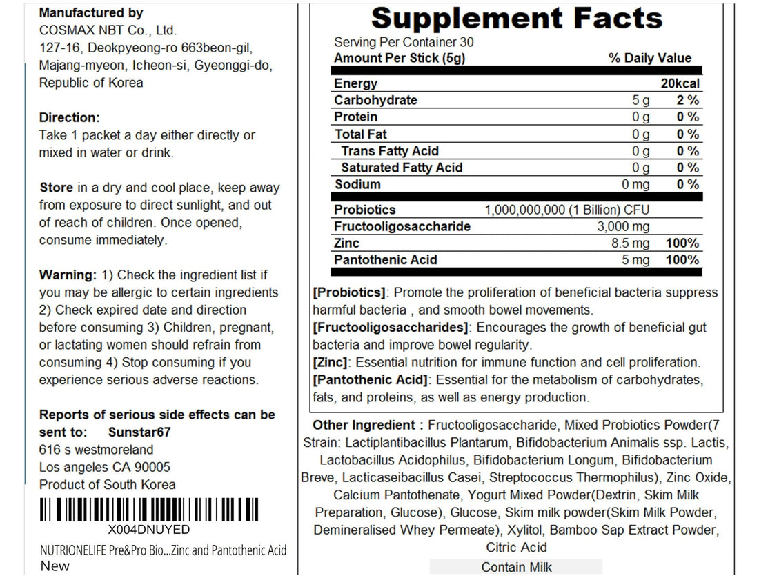NUTRIONELIFE Pre&Pro Biotics, 1Billion CFU, Powder Type Korea Probiotics, Multi-Strain Probiotic Blend, Supports Digestive Wellness, - OzHealthStandard
