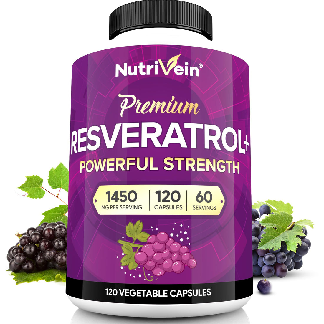 Nutrivein Premium Resveratrol 1450mg - 120 Caps: Pure Trans Resveratrol Supplement Enhanced with Green Tea Leaf & Acai Berry - OzHealthStandard