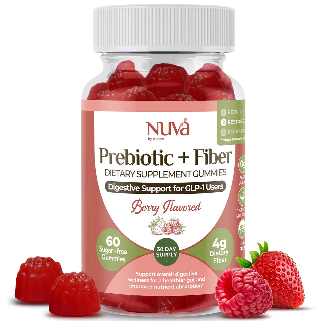 NuVa by Trulore Prebiotic + Fiber Gummies | User Nutritional Support | Sugar Free Fiber Gummies for Adults | Berry Flavor | Non-GMO Digestive Balance for Men & Women | 60 Gummies - 30 day Supply - OzHealthStandard
