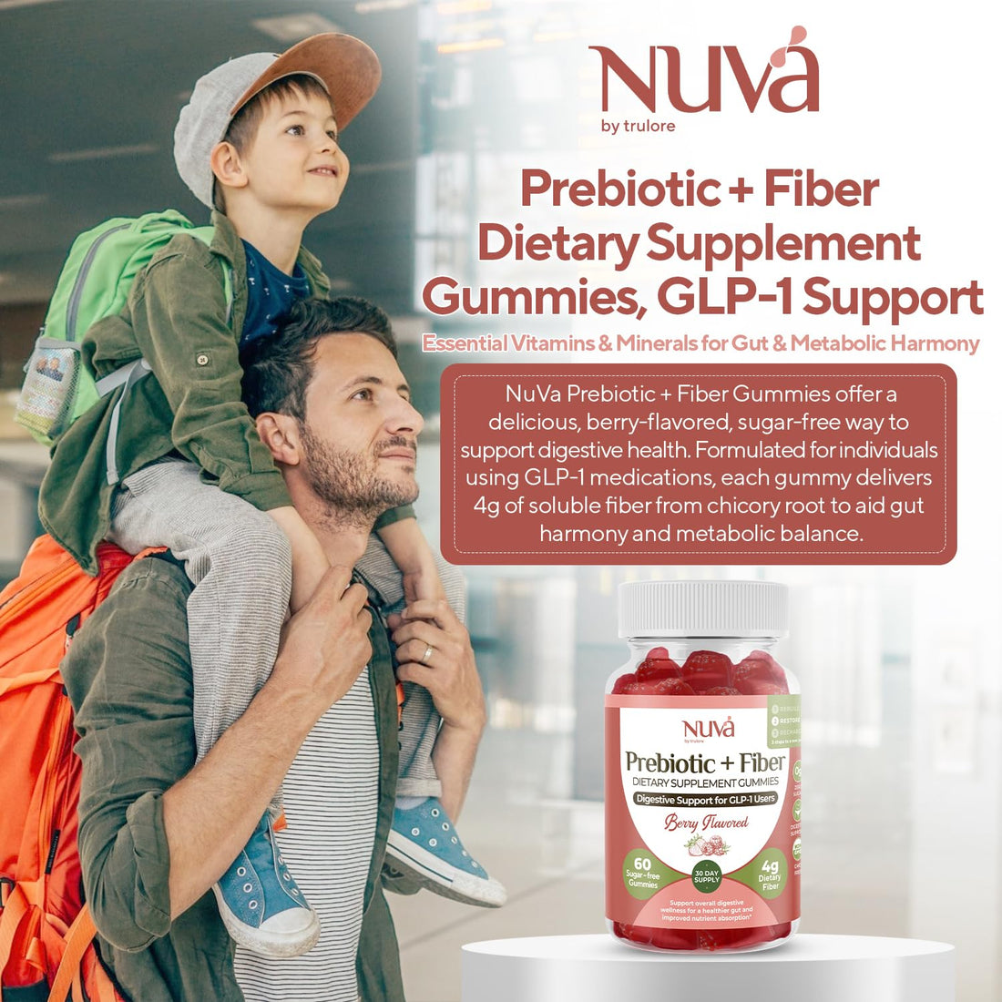 NuVa by Trulore Prebiotic + Fiber Gummies | User Nutritional Support | Sugar Free Fiber Gummies for Adults | Berry Flavor | Non-GMO Digestive Balance for Men & Women | 60 Gummies - 30 day Supply - OzHealthStandard