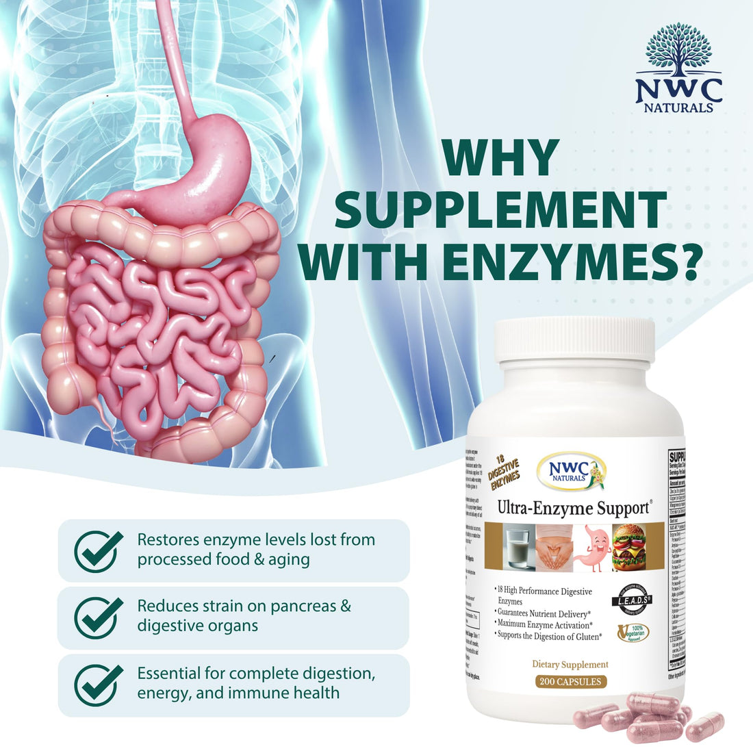 NWC Naturals Ultra-Enzyme Support, Natural Digestive Supplement, Promotes Optimal Health and Digestion, 200 count Capsules - OzHealthStandard